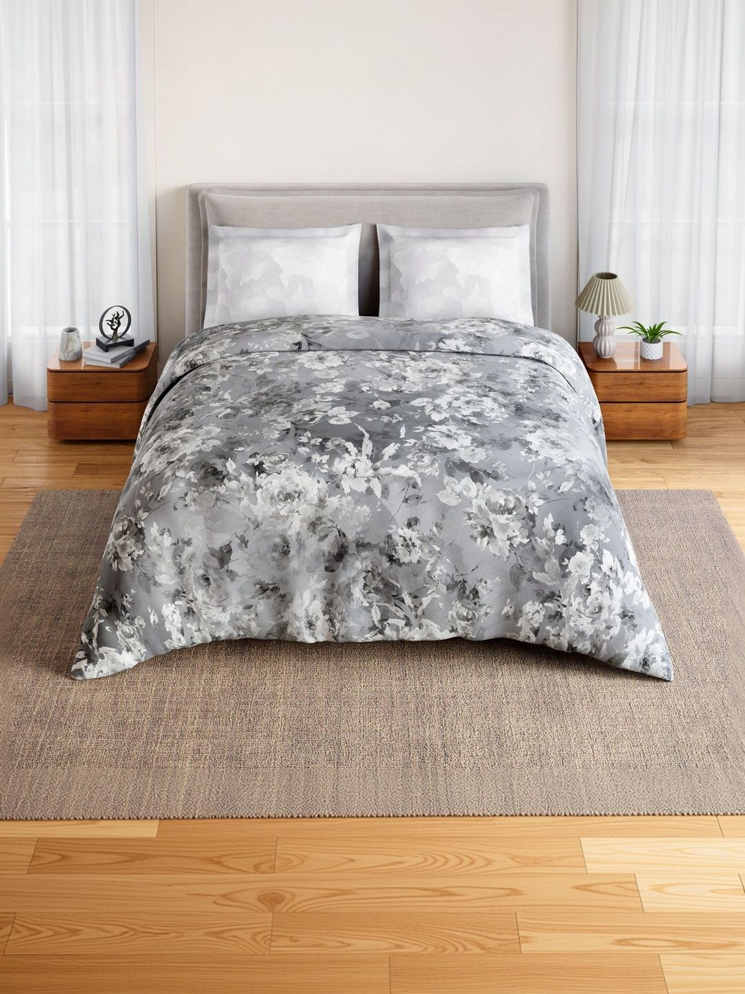 SPACES SPACES Grey Floral King Bedsheet with 2 Pillow Covers
