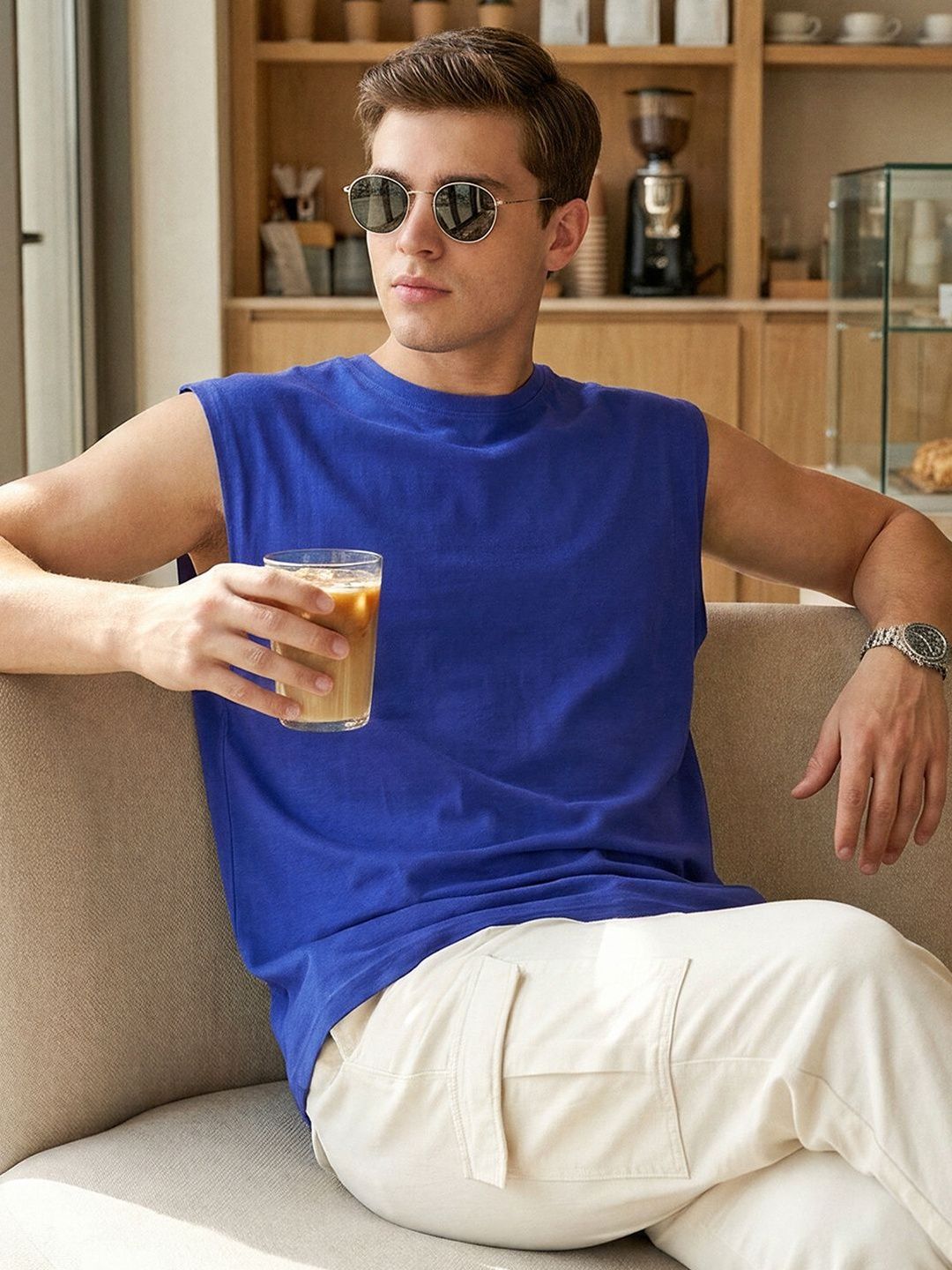 Bewakoof Men's Blue Boxy Fit Vest  T-shirt