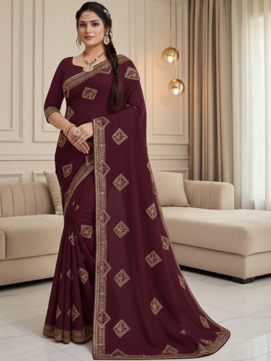 JANOI Ethnic Motifs Embroidered Satin Heavy Work Saree