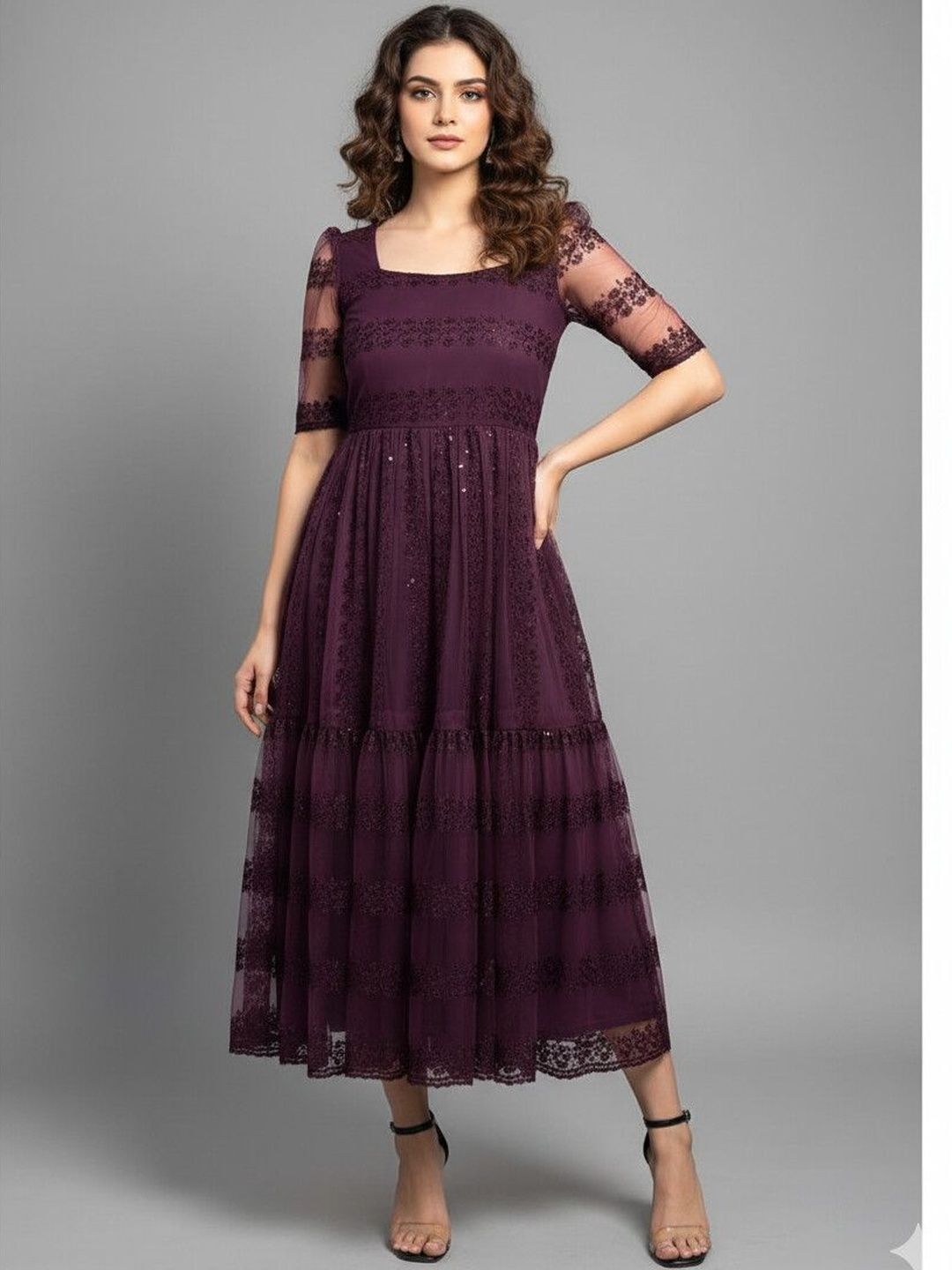 MENSBIT MENSBIT Floral Embroidered Net Fit & Flare Midi Dress
