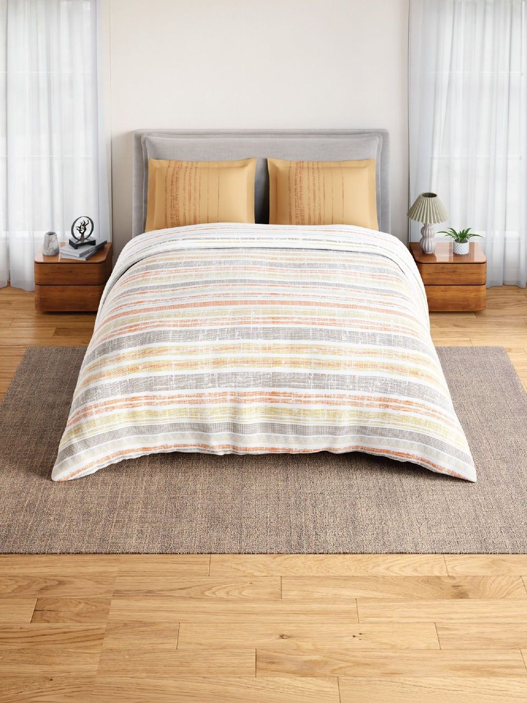 SPACES SPACES Multicoloured Striped 144 TC King Bedsheet with 2 Pillow Covers