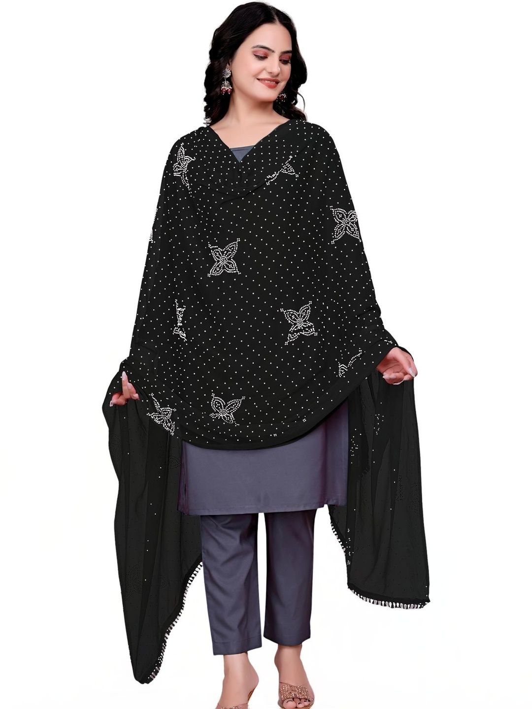 SEKMANY Ikat Dupatta with Beads and Stones