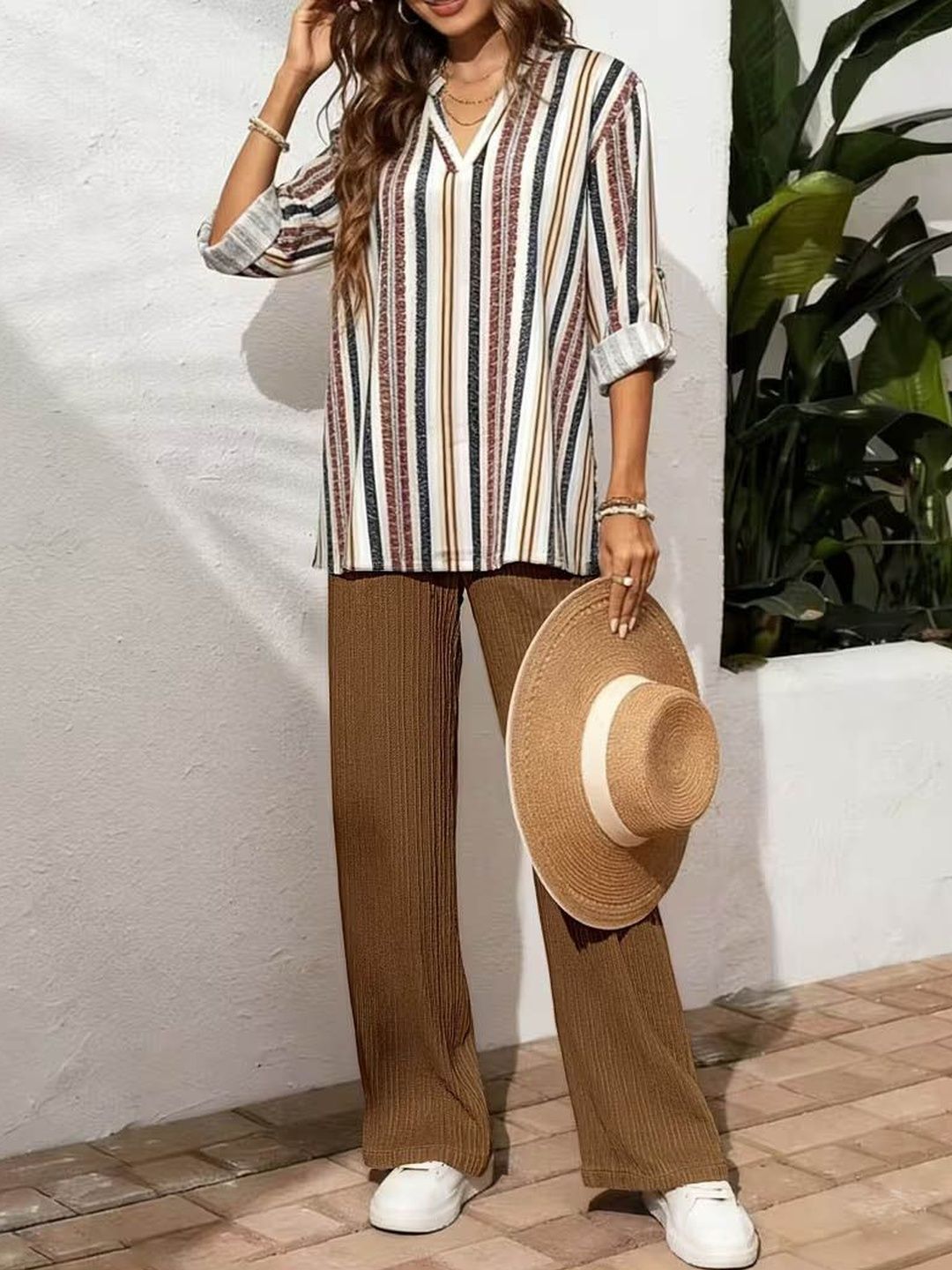 SCDC EXIM Striped V-Neck Top & Trousers Co-Ords