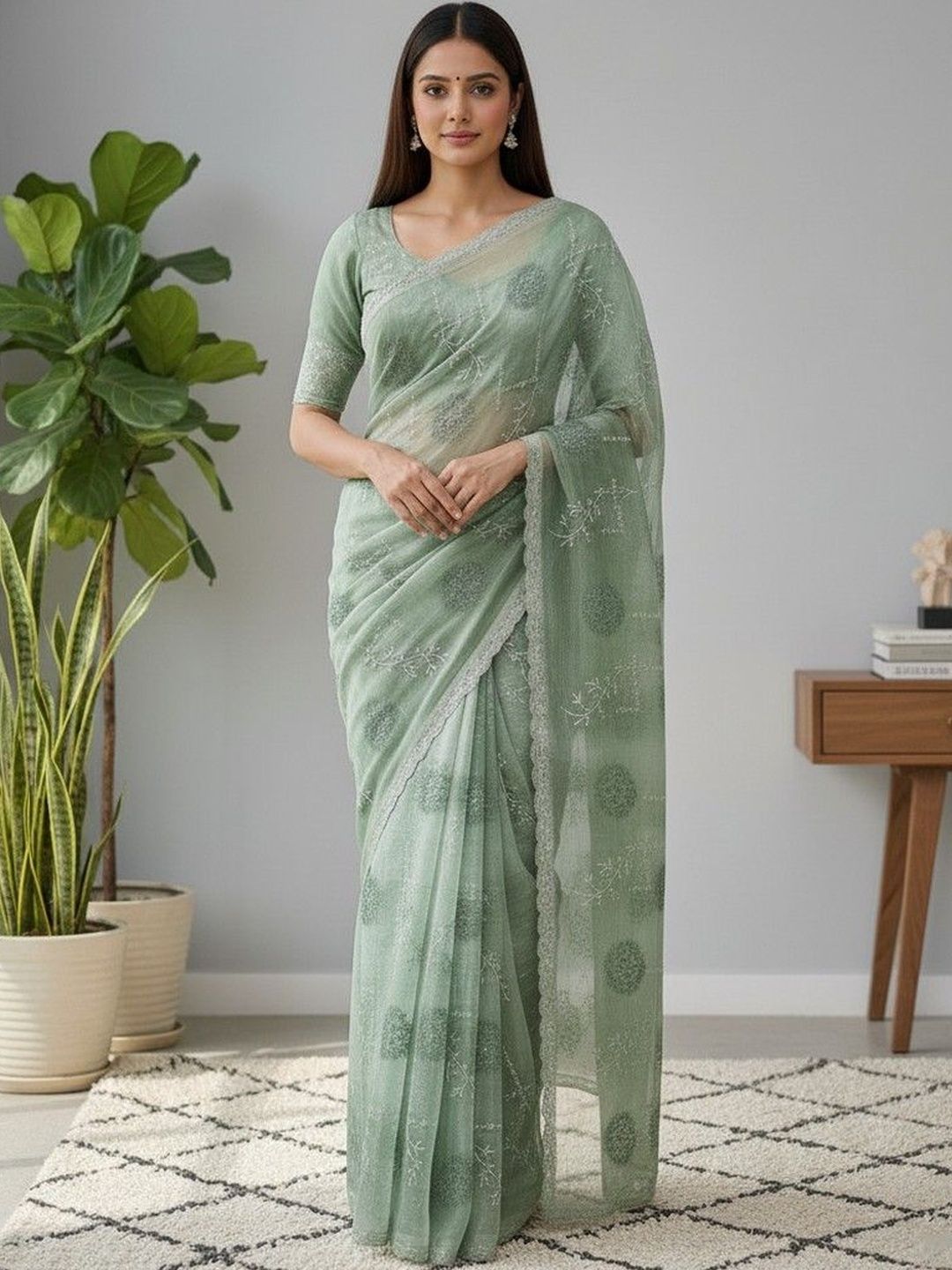 JANOI Embellished Embroidered Poly Georgette Saree