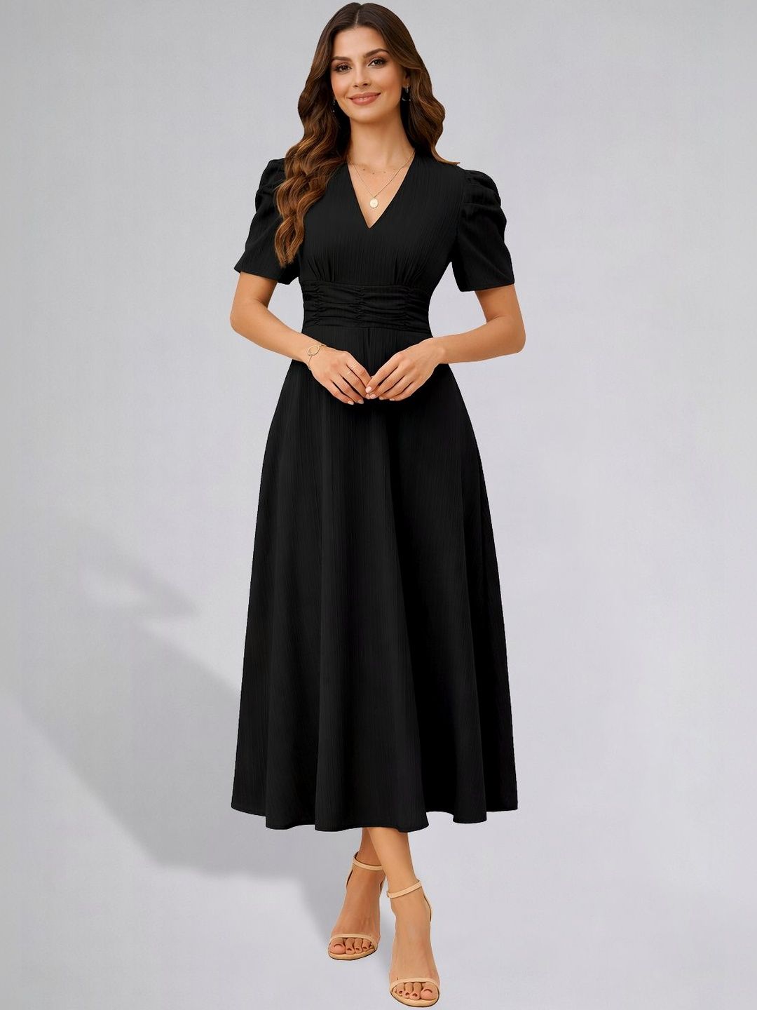 CORSICA Puff Sleeve Fit & Flare Midi Dress