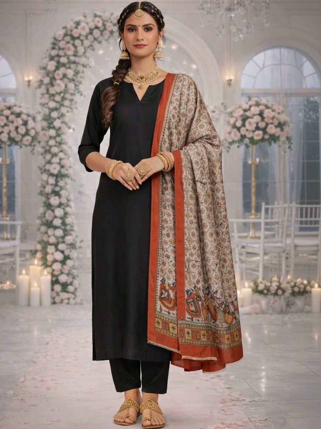 Moda Rapido Ethnic Motifs Printed Kalamkari Dupatta with Gotta Patti