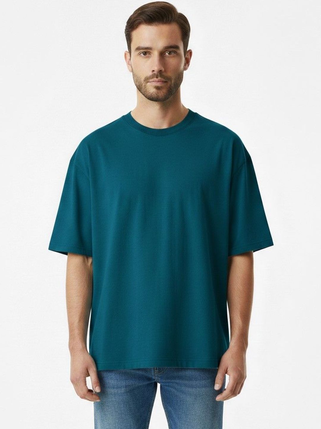 Organic Chics Teal Oversized Drop-Shoulder Pure Cotton T-shirt