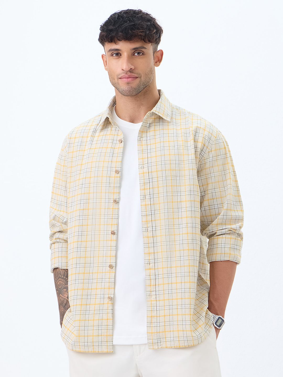 The Souled Store The Souled Store Men Regular Fit Cotton Linen Checked Multi Cotton Linen Shirts