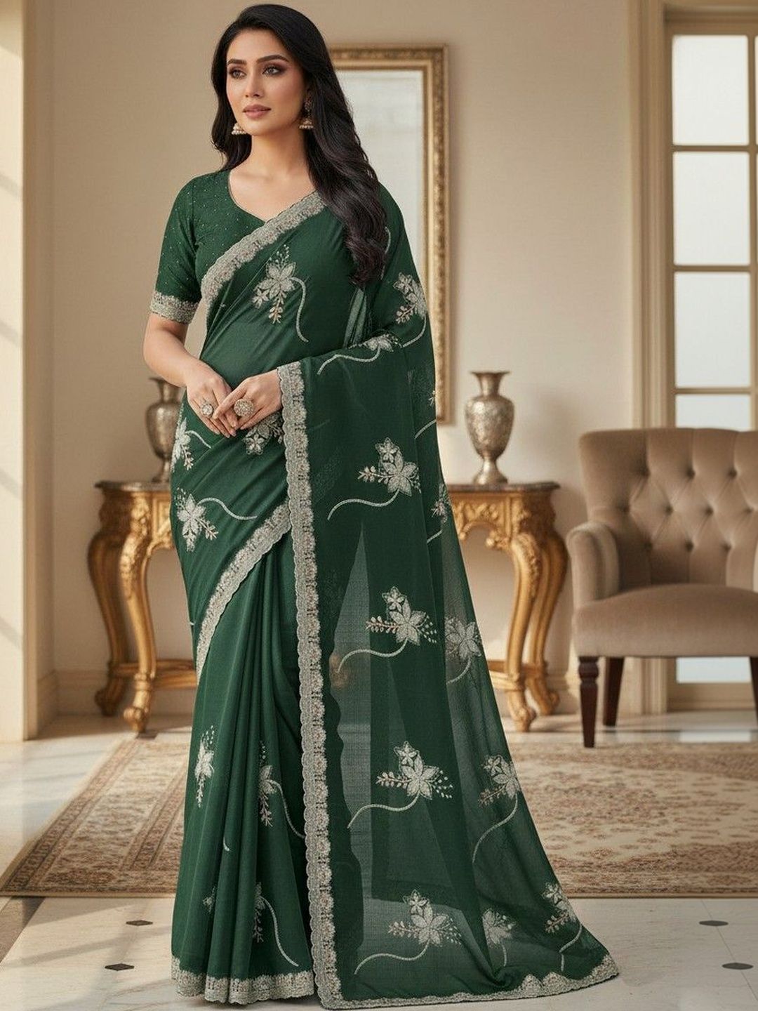 JANOI Floral Embroidered Poly Georgette Heavy Work Saree