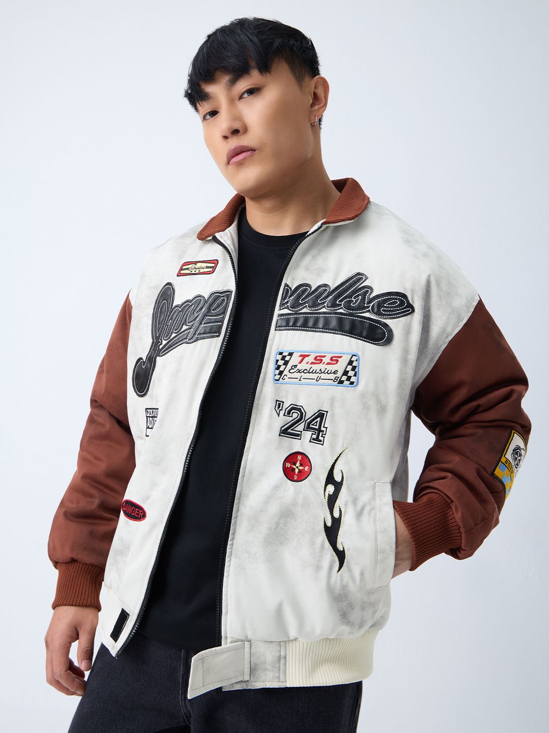 The Souled Store Men Oversized Fit Printed White Racer Jackets