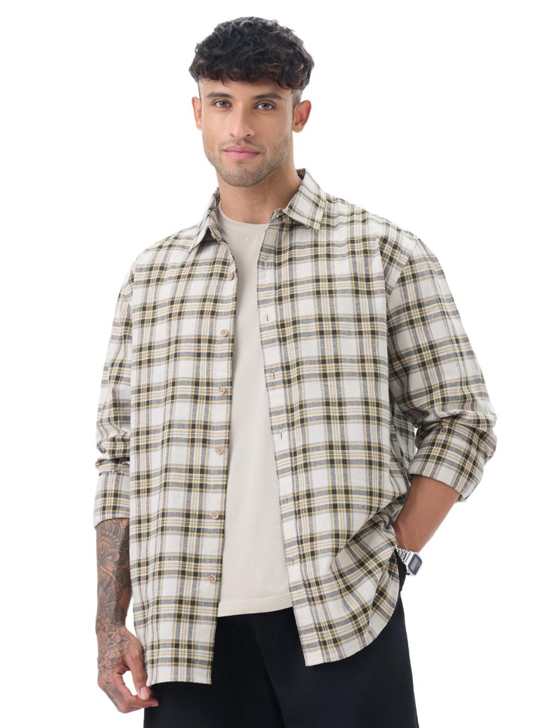 The Souled Store The Souled Store Men Regular Fit Cotton Linen Checked Multi Cotton Linen Shirts