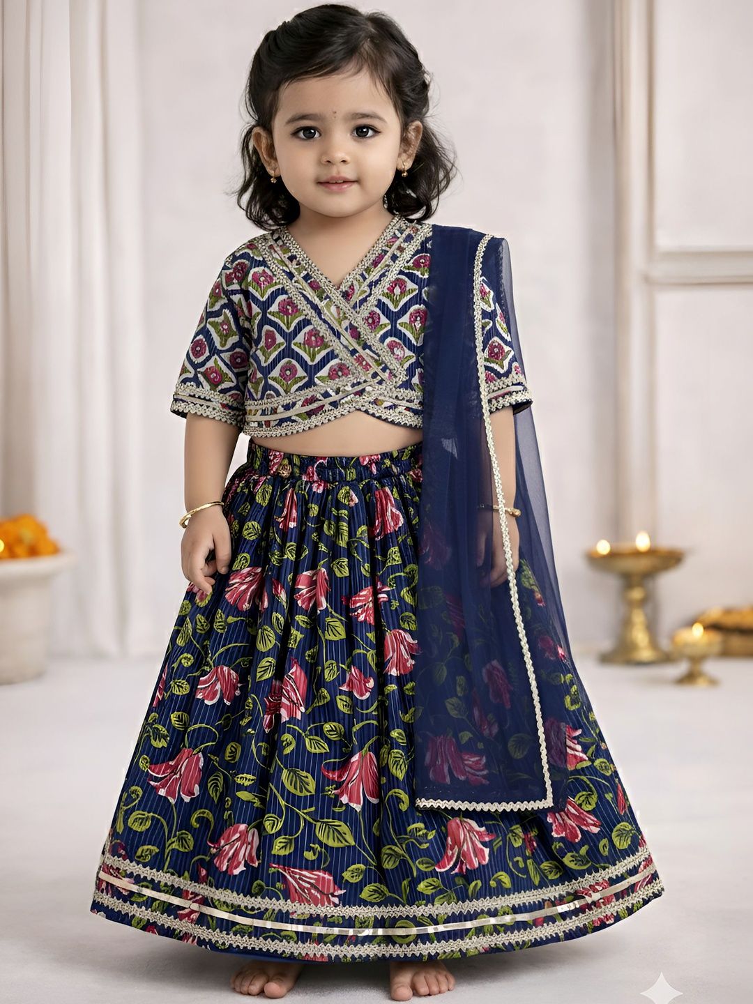 BAESD Girls Embroidered Thread Work Semi-Stitched Lehenga & Blouse With Dupatta