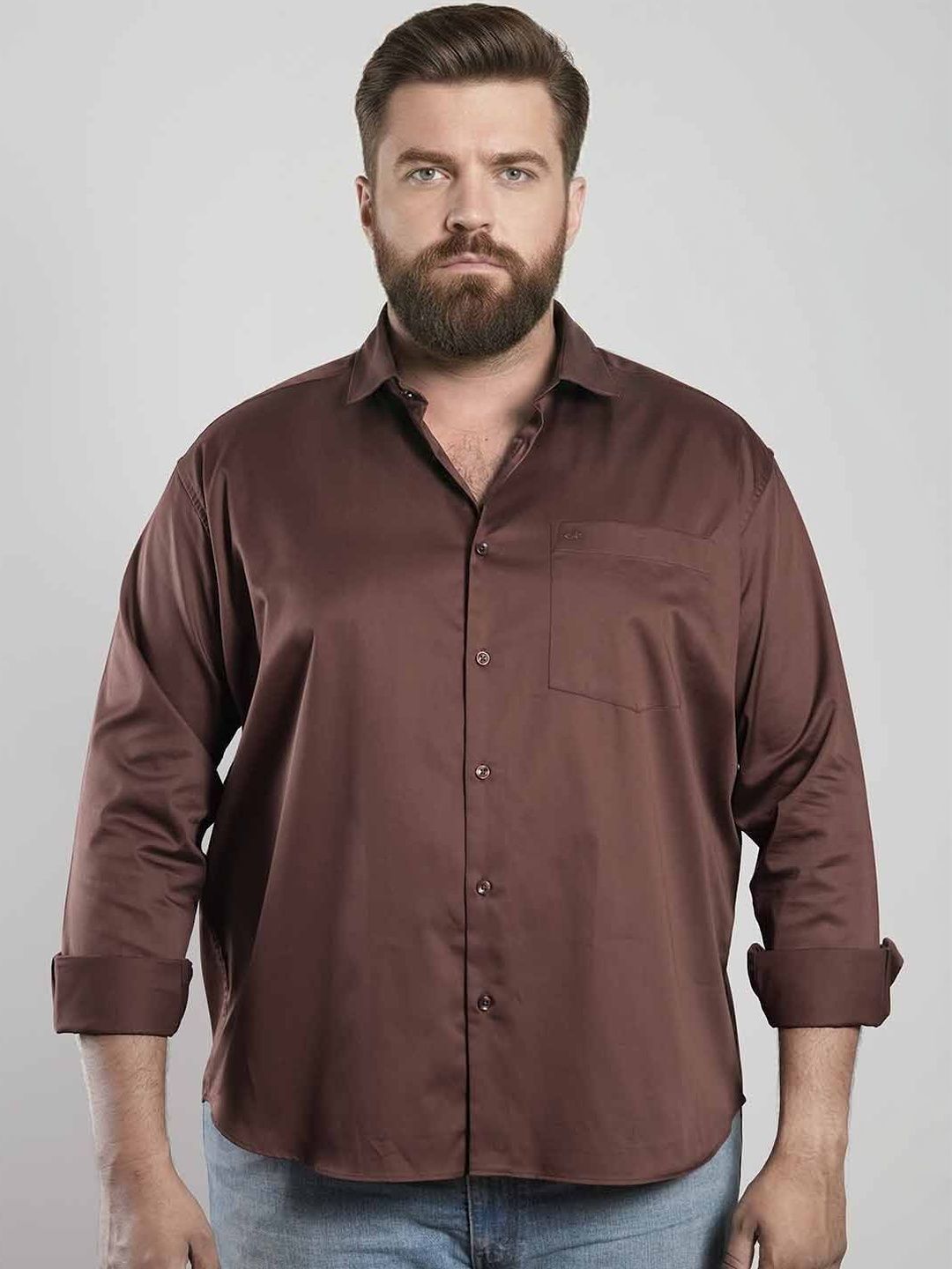 Aldeno Plus Size Brown Spread Collar Long Sleeves Shirt