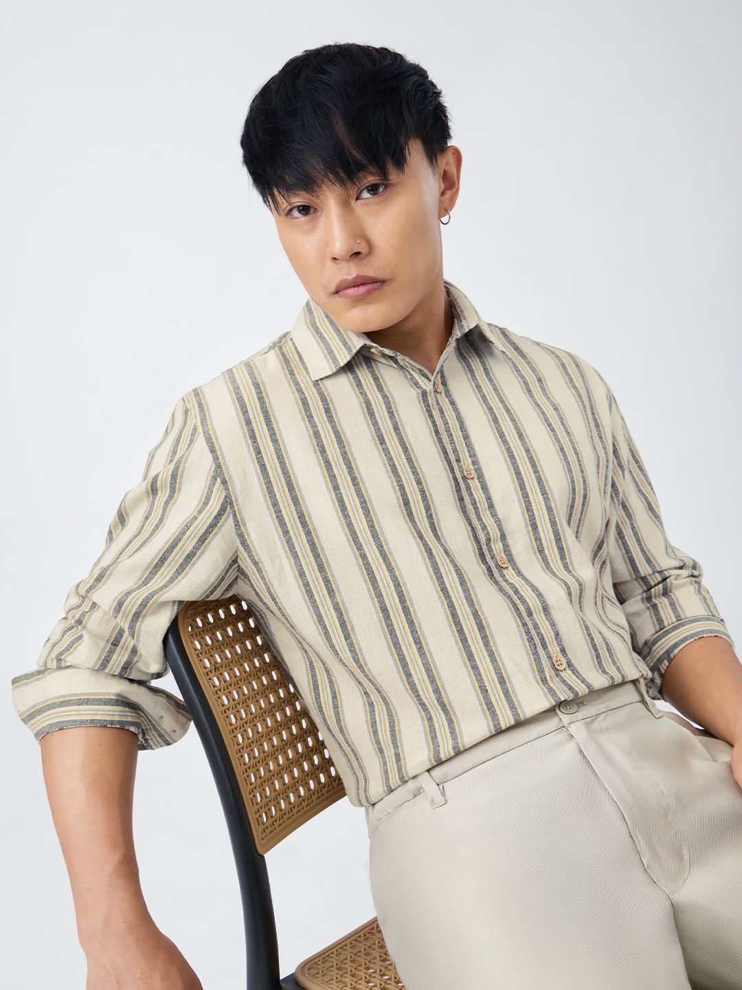 The Souled Store The Souled Store Men Regular Fit Cotton Linen Striped Multi Cotton Linen Shirts