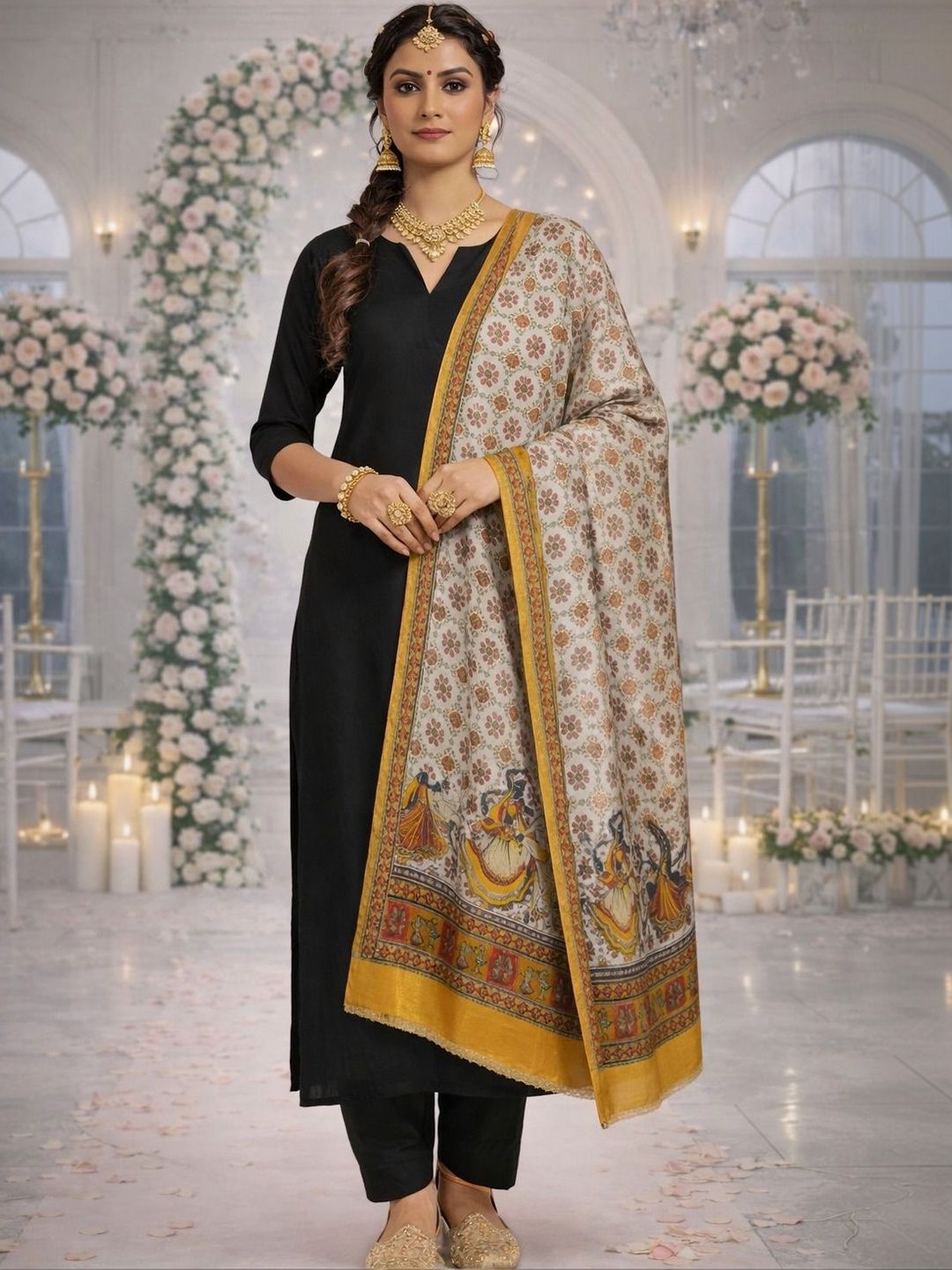 Moda Rapido Ethnic Motifs Printed Kalamkari Dupatta with Gotta Patti