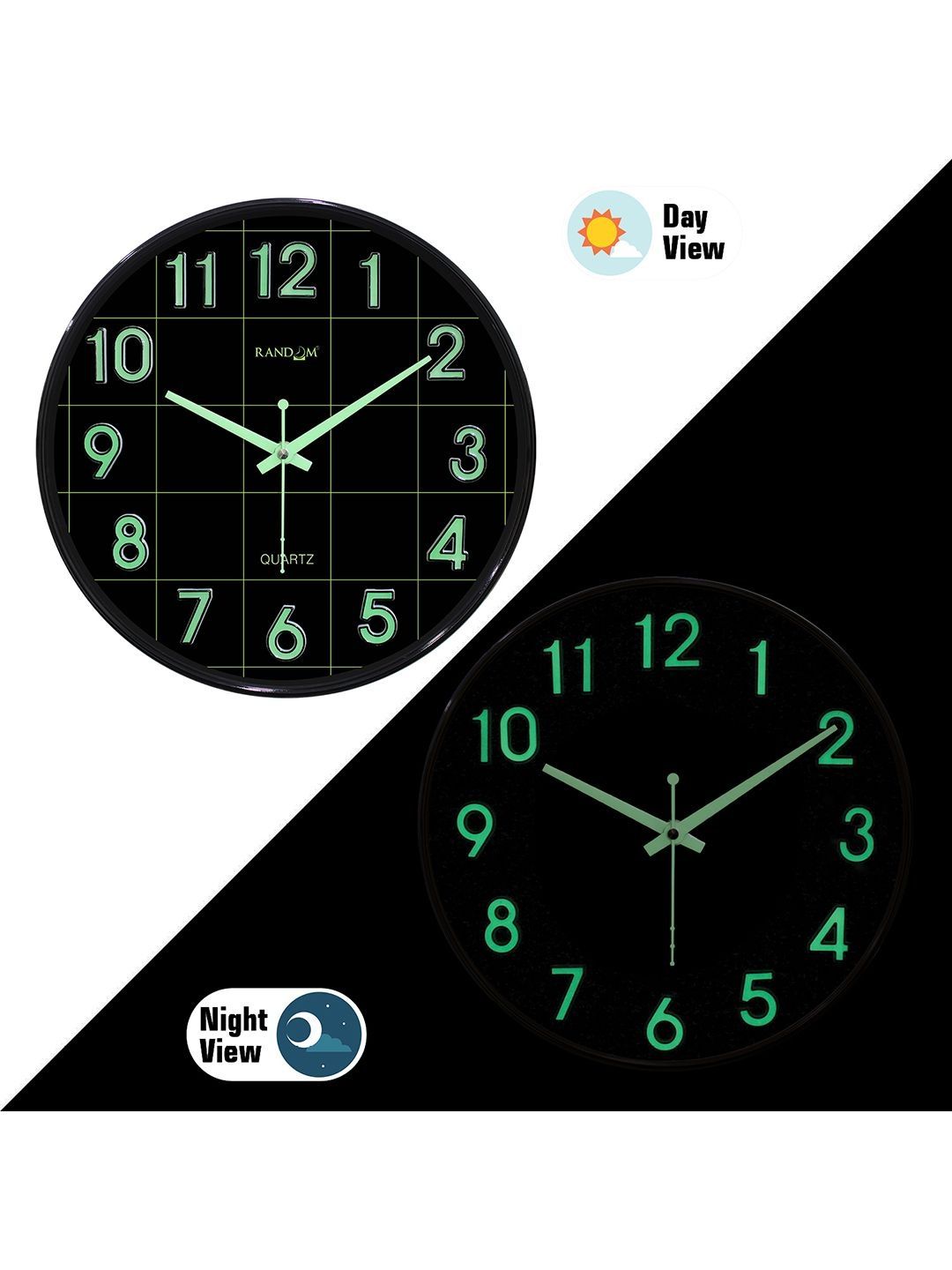 RANDOM 3D Radium Numbers Green Luminous With Sweep Silent Movement Hands Wall Clock