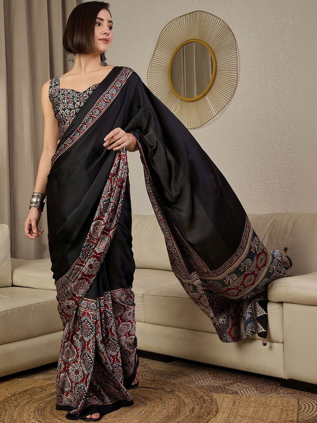 Anouk Ethnic Motifs Ajrak Pure Crepe Ready to Wear Block Print Saree