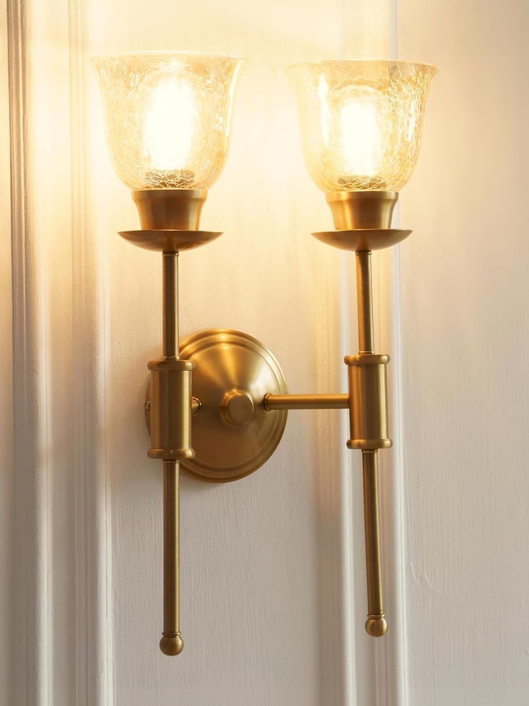 Divine Trends Double Spacer Brass Antique Finish Wall Lamp with Golden Glass