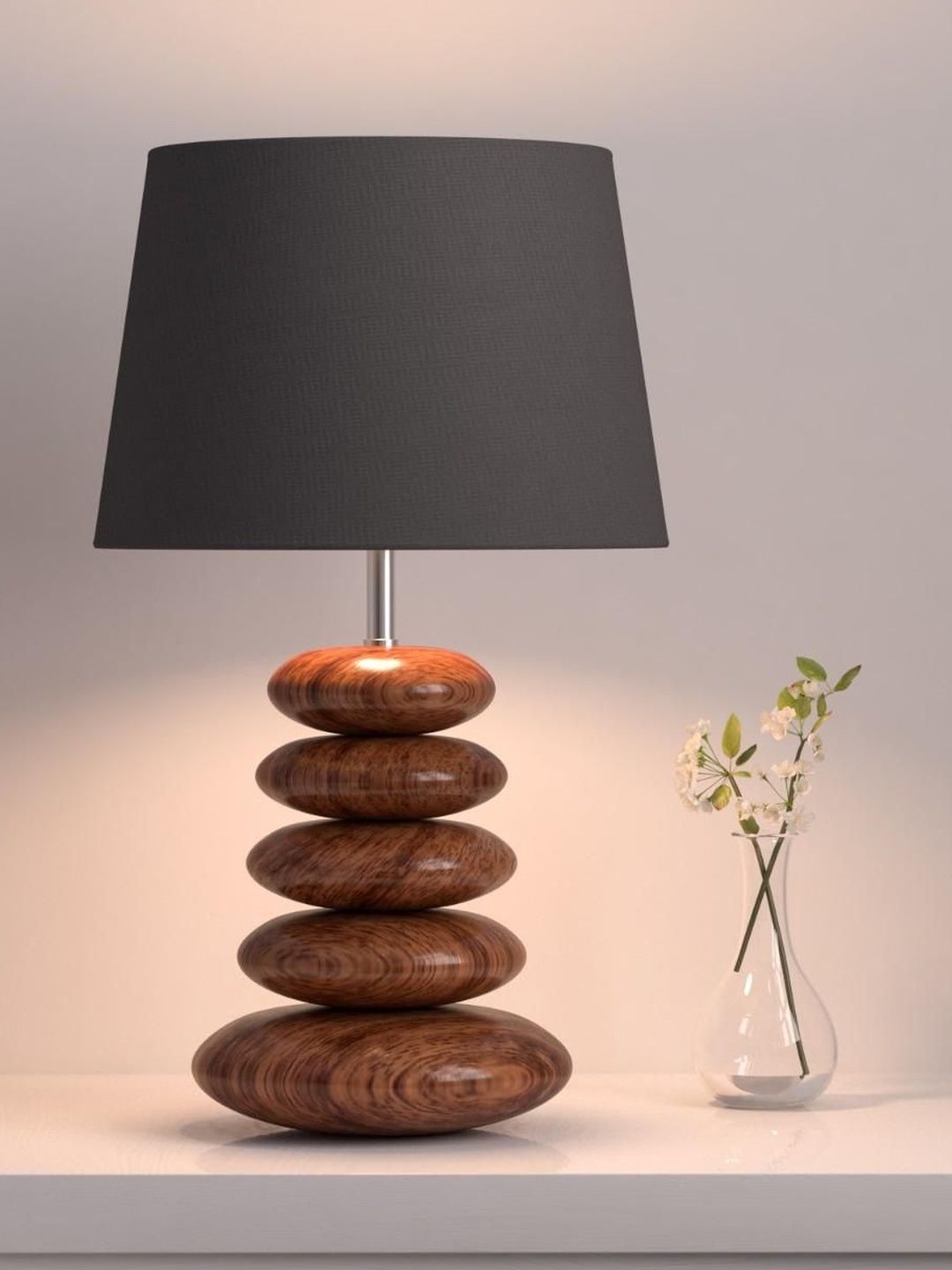 Divine Trends Brown Wood Pebbles Table Lamp with Black Shade & Bulb