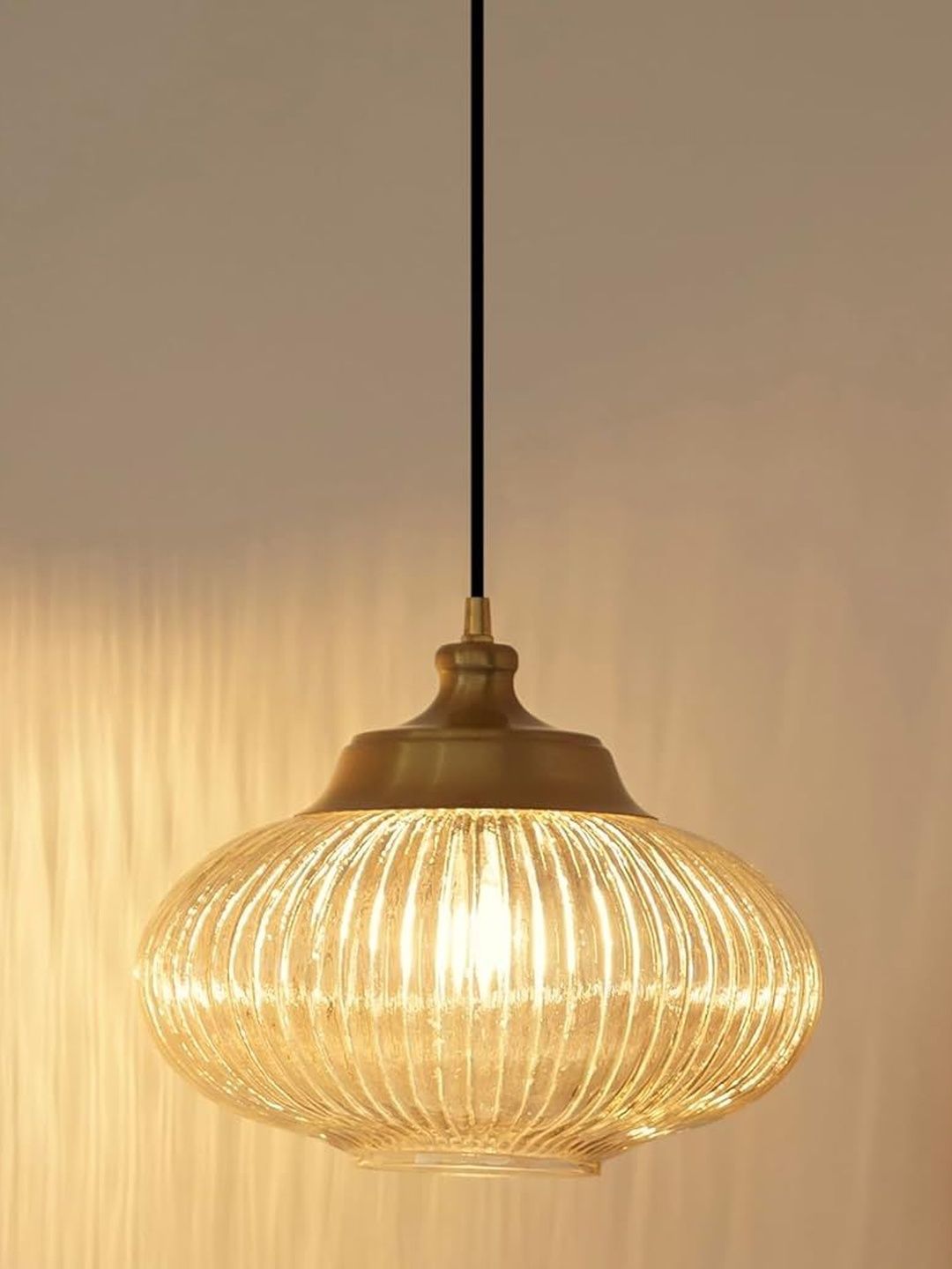 Divine Trends Golden Luster Ribbed Melon Glass Pendant Hanging Lamp