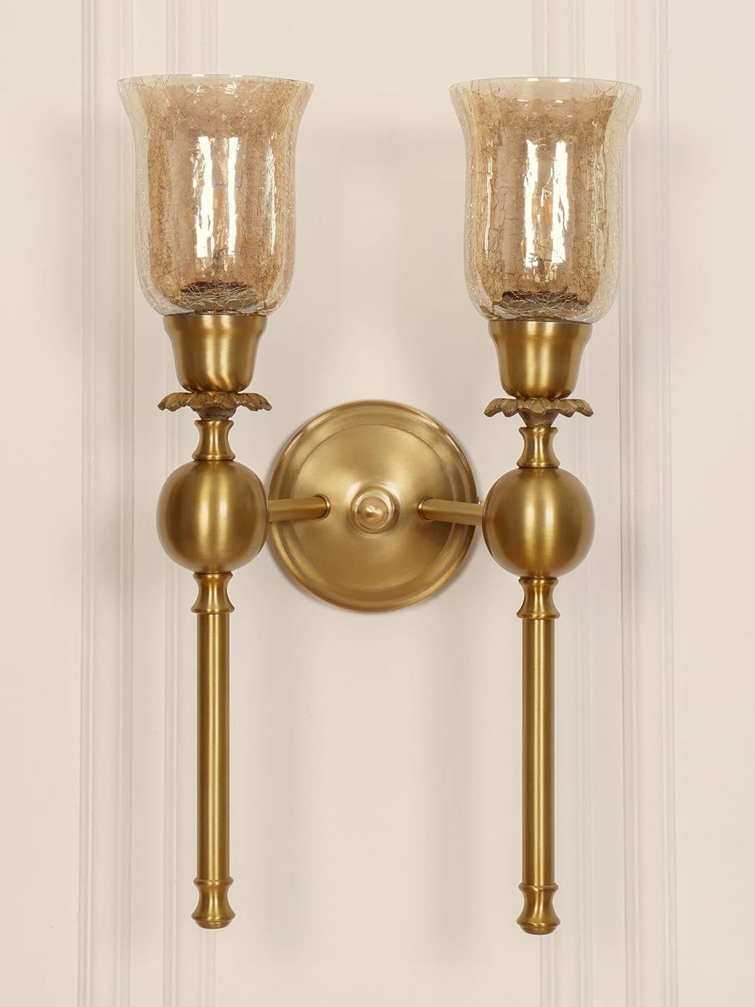 Divine Trends Double Brass Antique Finish Wall Lamp with Crackled Glass