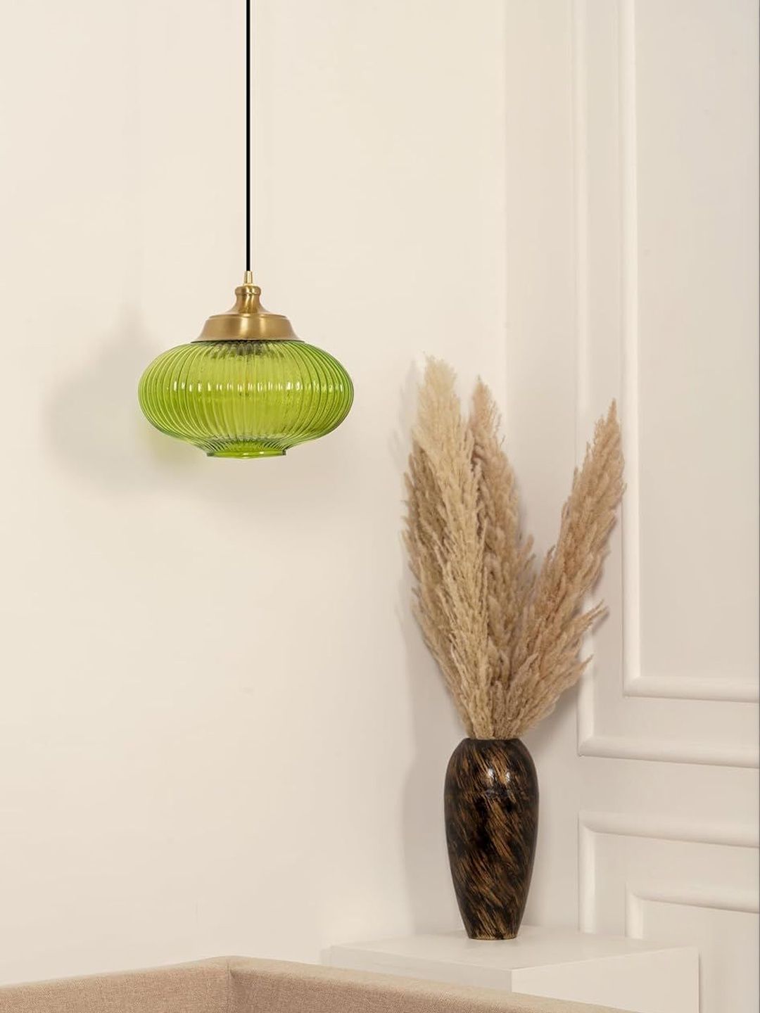Divine Trends Green Ribbed Melon Glass Hanging Ceiling Lamp