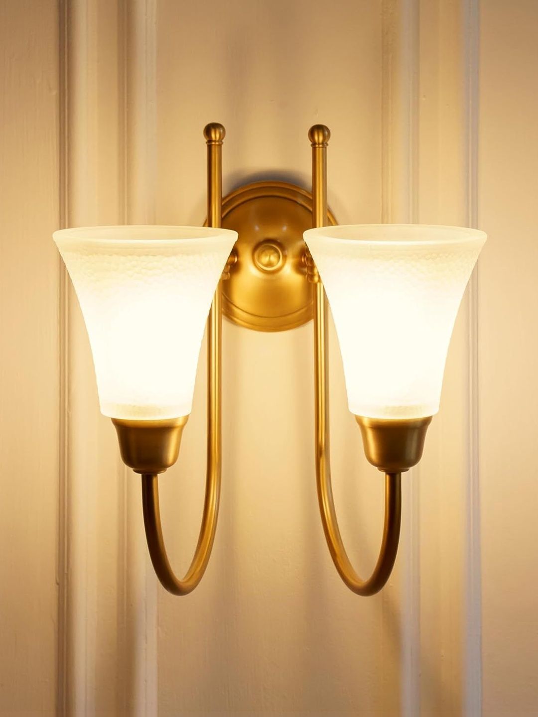 Divine Trends Double Hockey Brass Antique Finish Wall Lamp with Frosted Glass