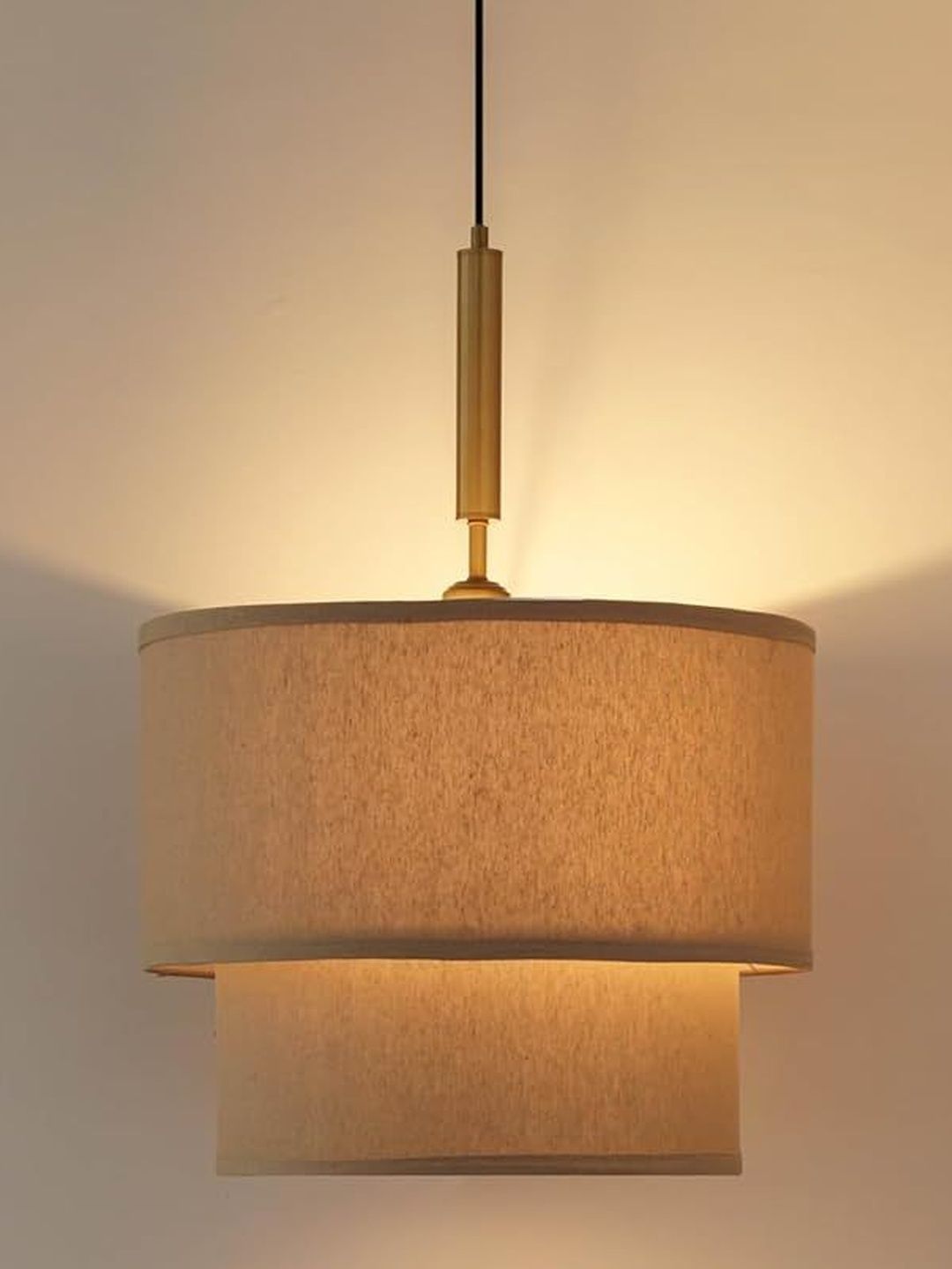Divine Trends Double Off-White Lamp Shade Brass Antique Finish Pendant Ceiling Lamp