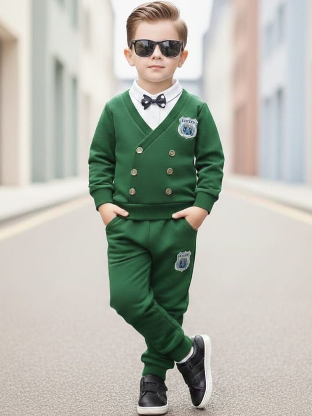 MEROPE Boys Green Solid Sweatshirt with Joggers Set