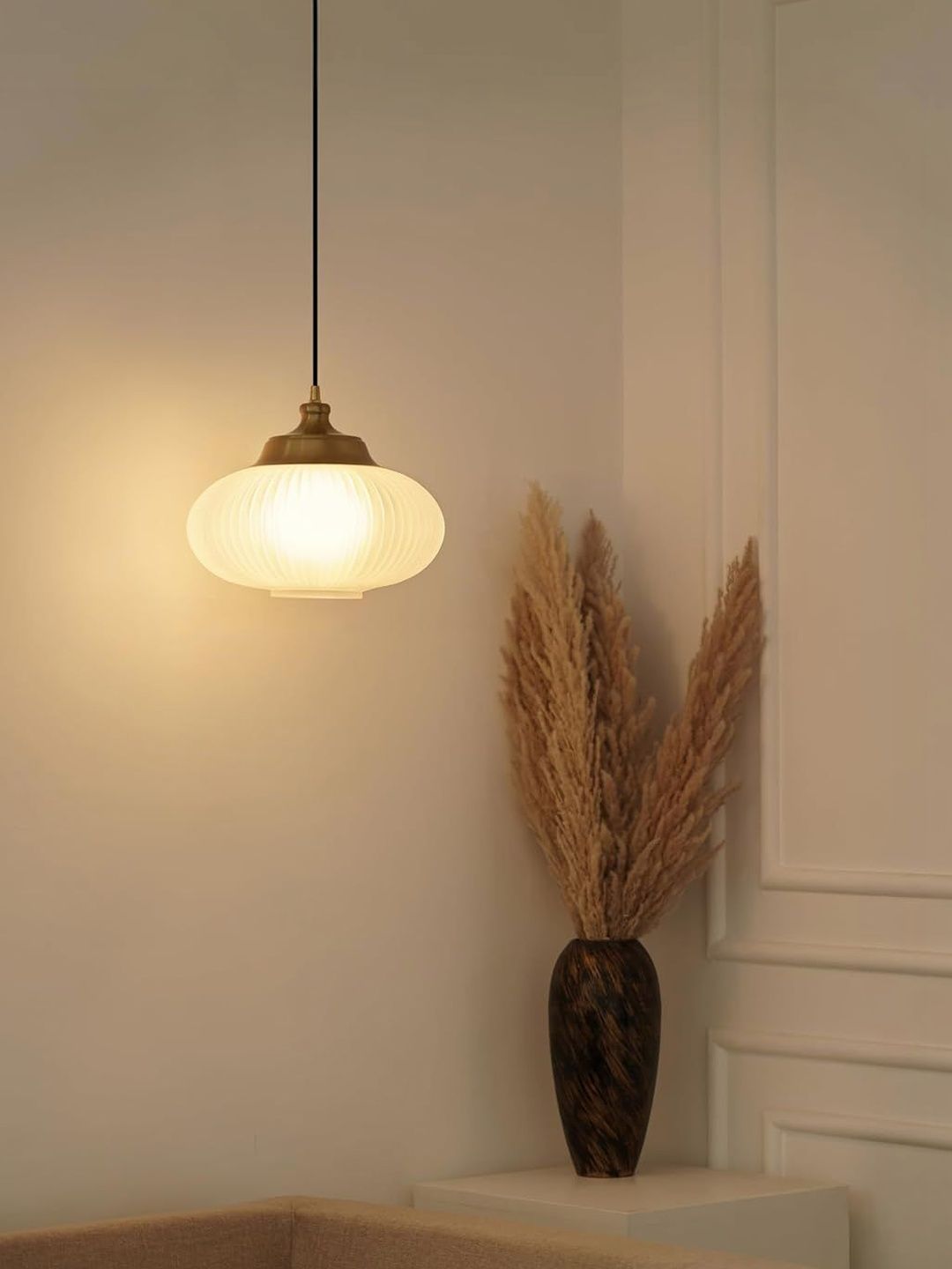 Divine Trends Frosted Ribbed Melon Glass Hanging Ceiling Lamp