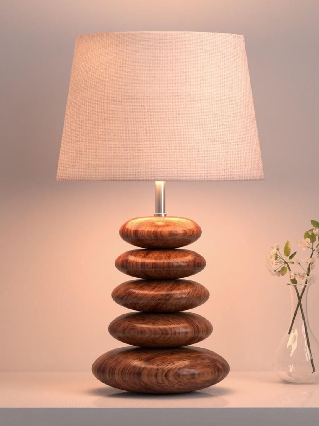 Divine Trends Brown Wood Pebble Table Lamp with Cream Jute Shade & Bulb