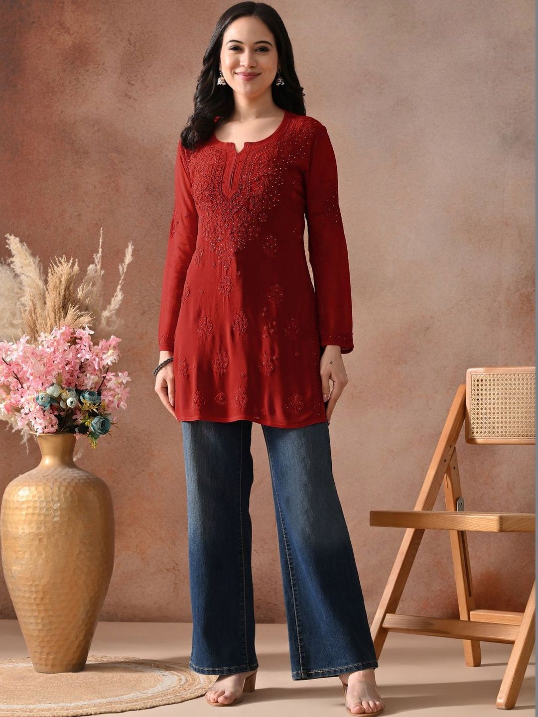 Label Aja Chikankari Ethnic Motifs Embroidered V-Neck Sequinned Pure Georgette Sequinned Kurti