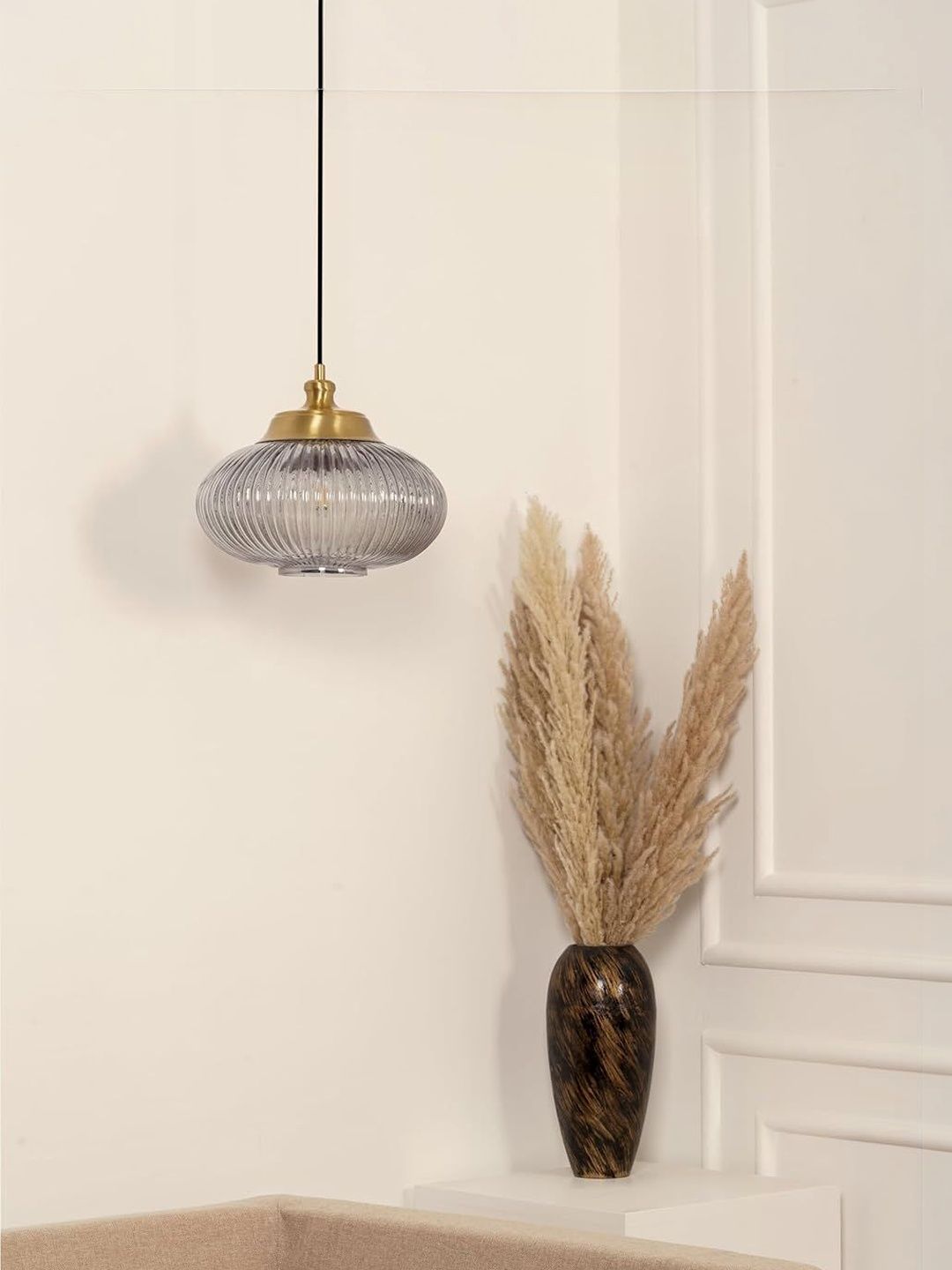 Divine Trends Grey Luster Ribbed Melon Glass Pendant Ceiling Lamp