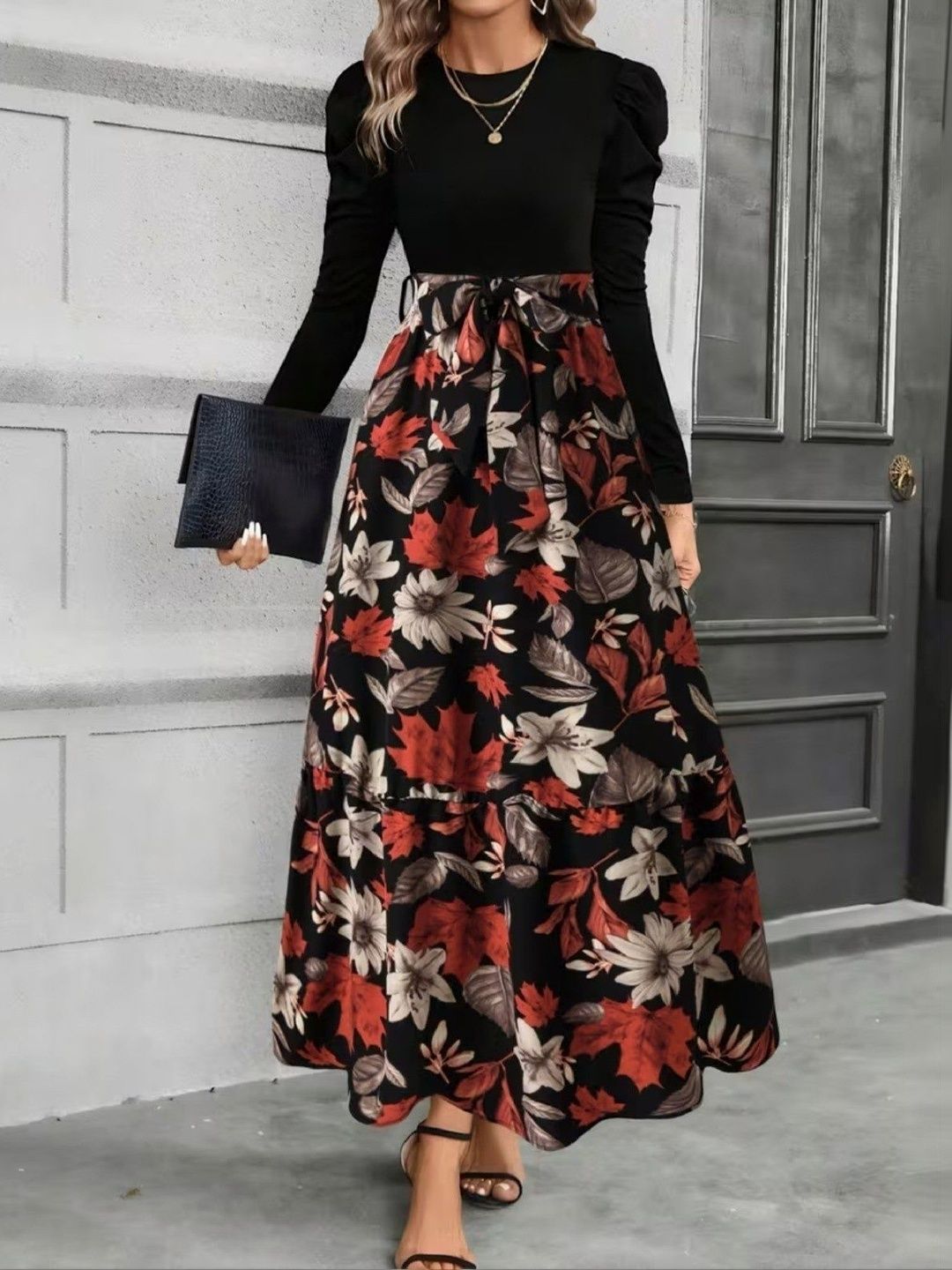 SHYAM SUNDARI Floral Print Puff Sleeve A-Line Maxi Dress