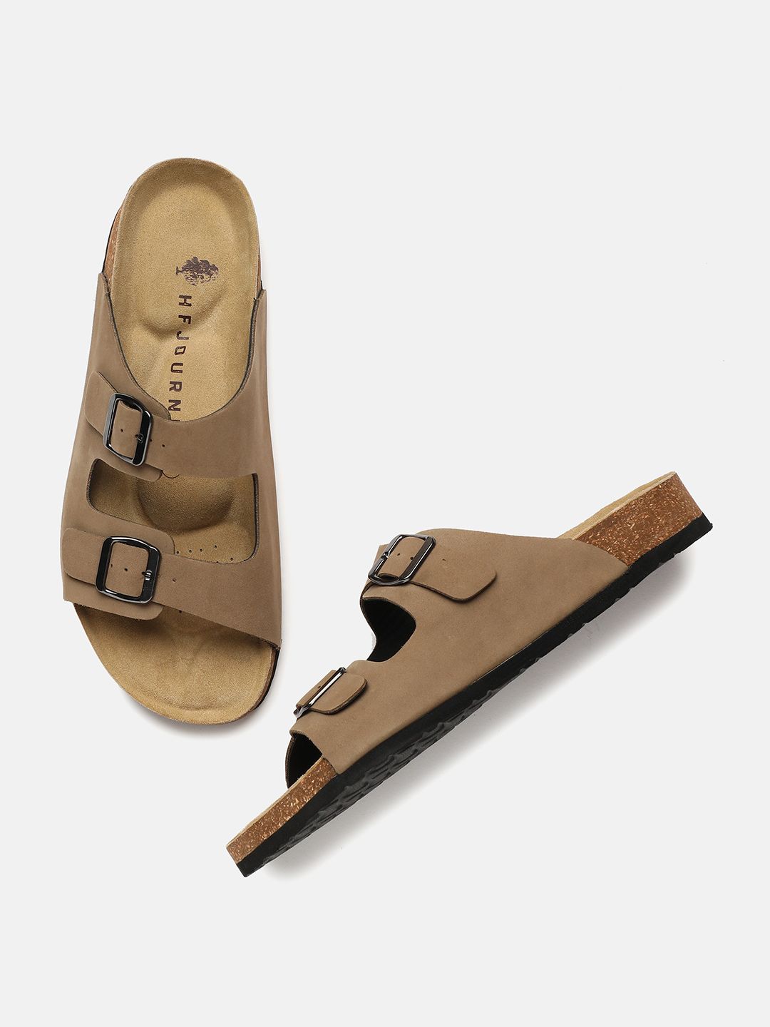 HF JOURNEY Men Taupe Cork Sandals with Double Buckle Straps