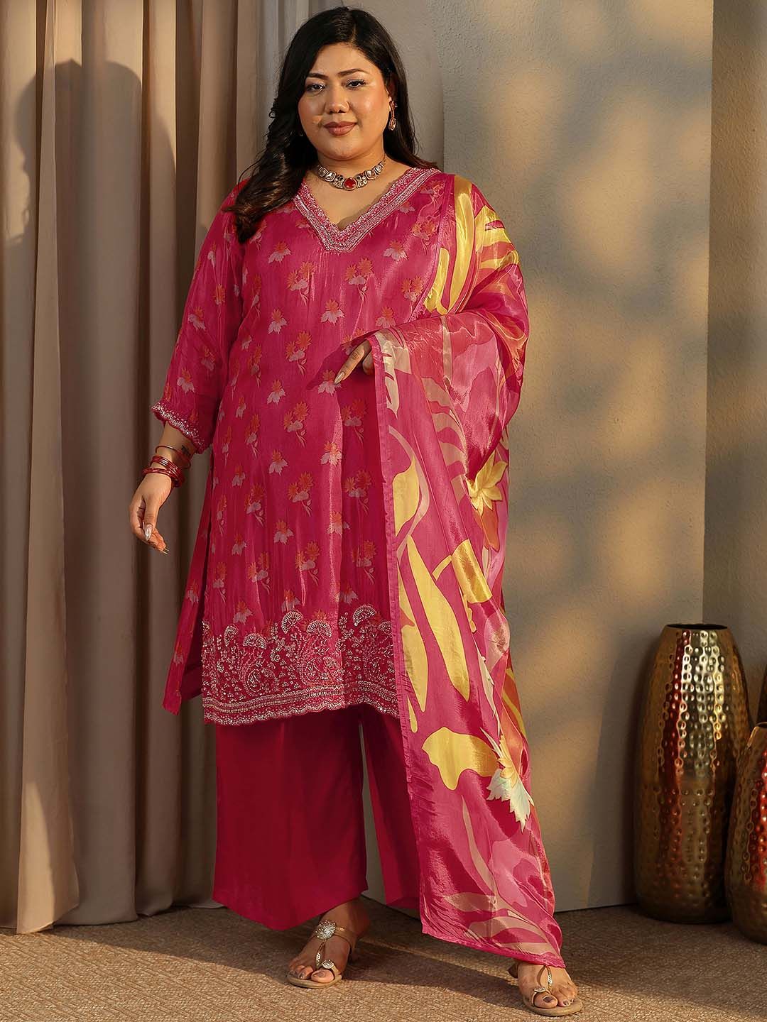Extra Love By Libas Plus Size Women Floral Printed Silk Crepe Kurta with Palazzo & Dupatta