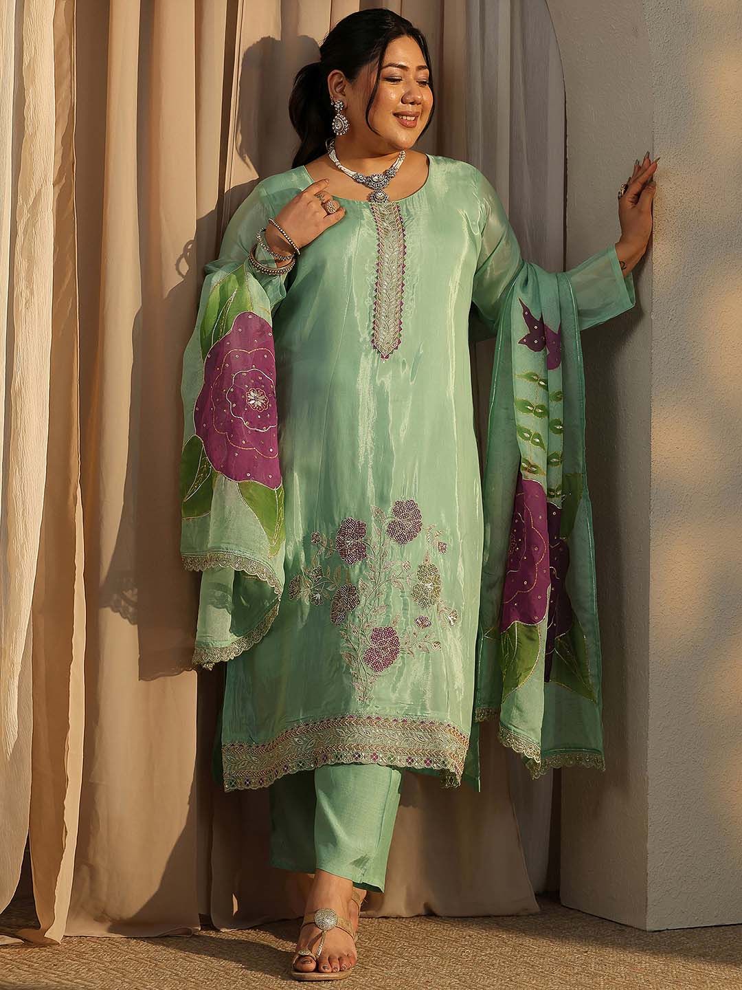Extra Love By Libas Plus Size Women Floral Embroidered Kurta with Trousers & Dupatta