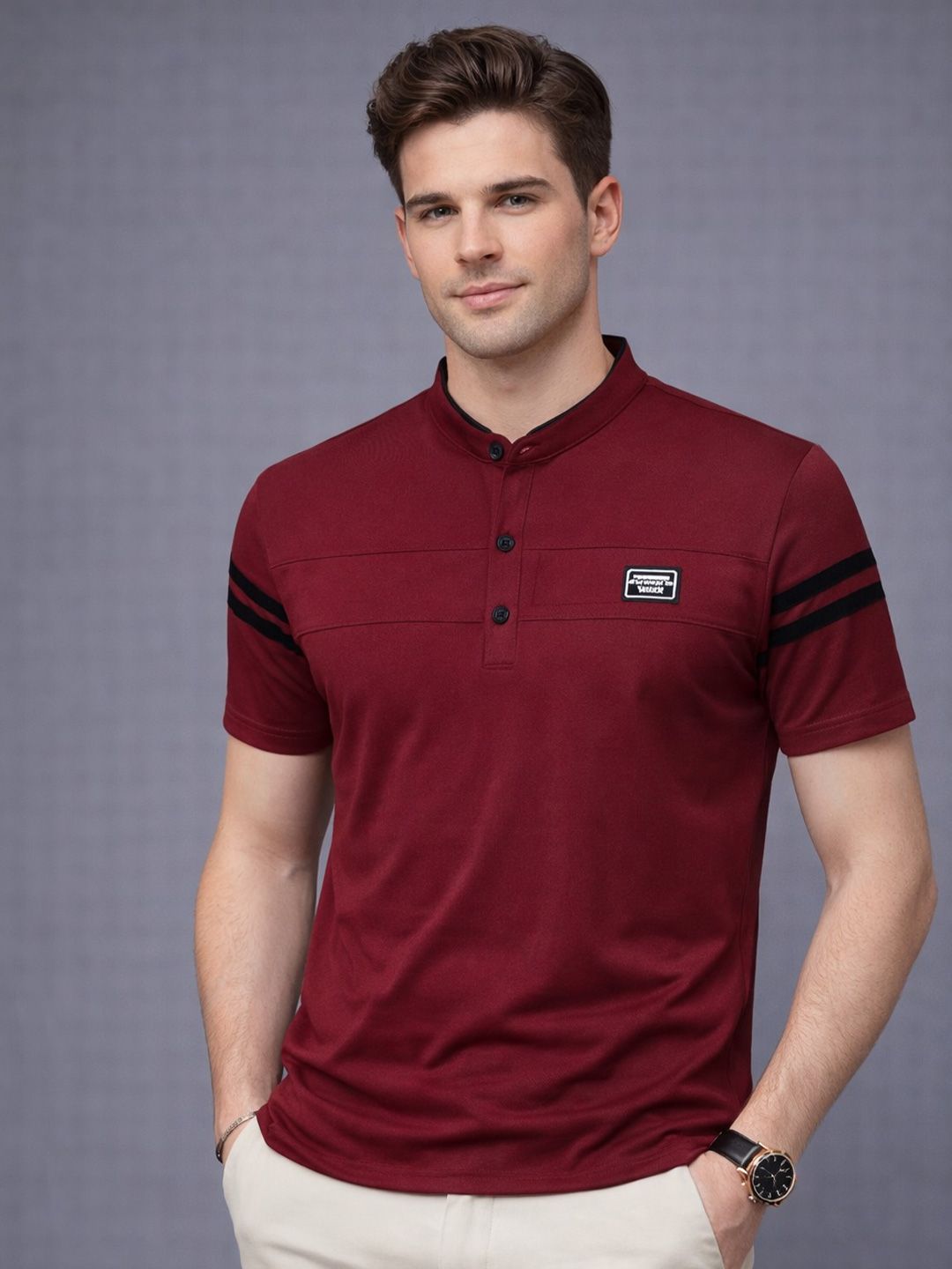Rizim Men Striped Mandarin Collar Pockets Slim Fit T-shirt