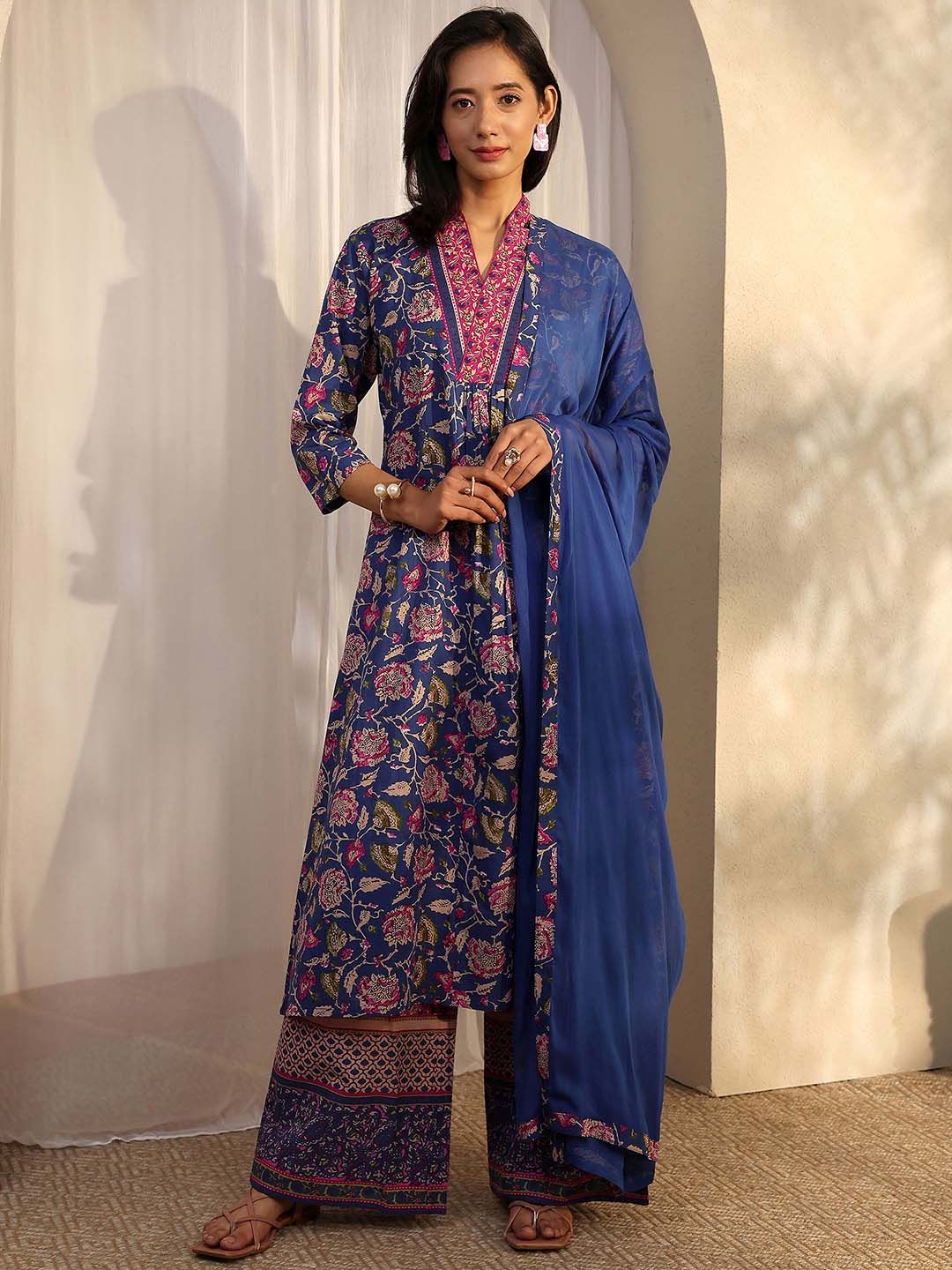 Libas Libas Women Floral Printed Pleated Kurta with Palazzos & With Dupatta