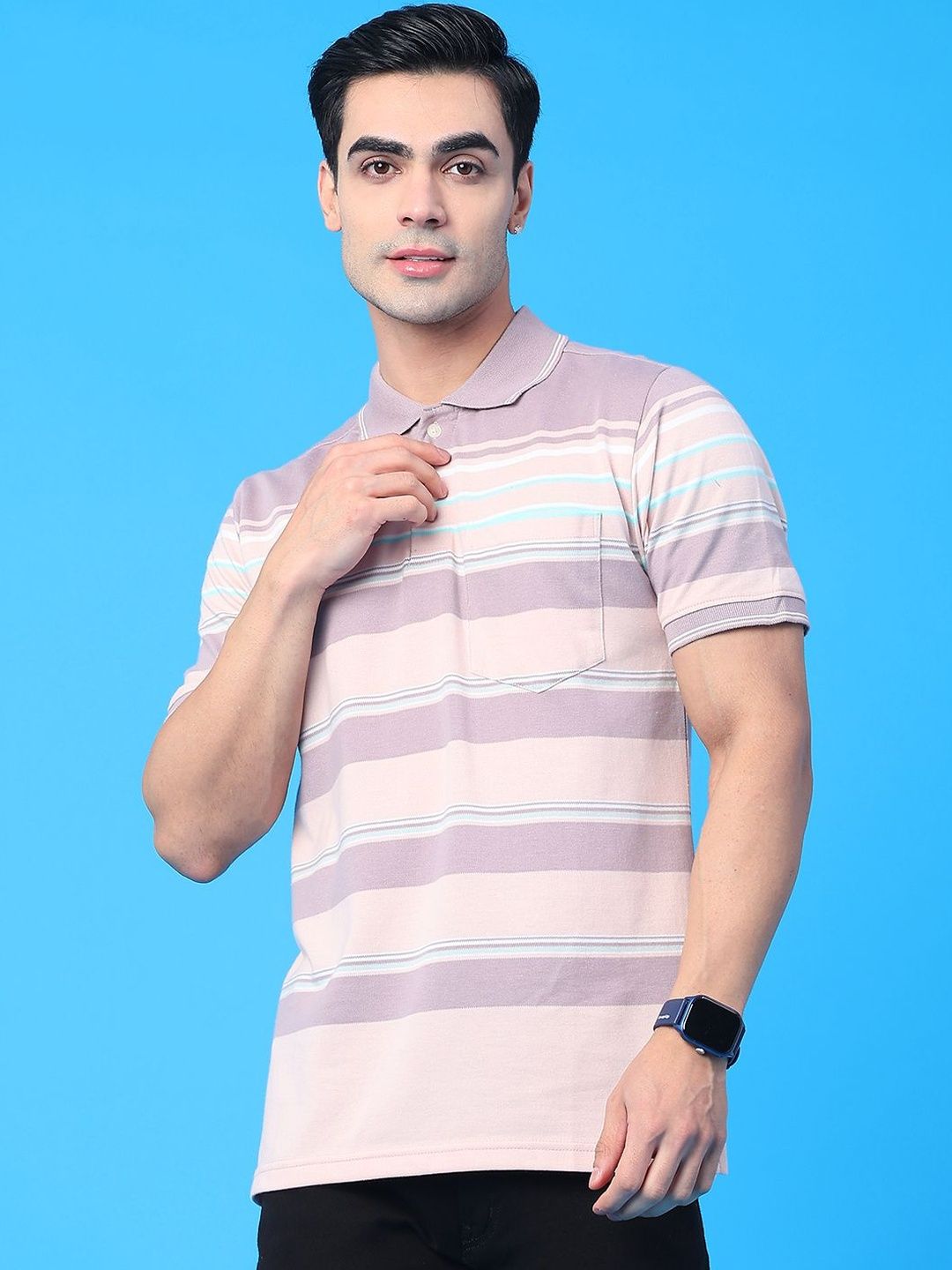 V-Mart Men Striped Polo Collar Pockets T-shirt