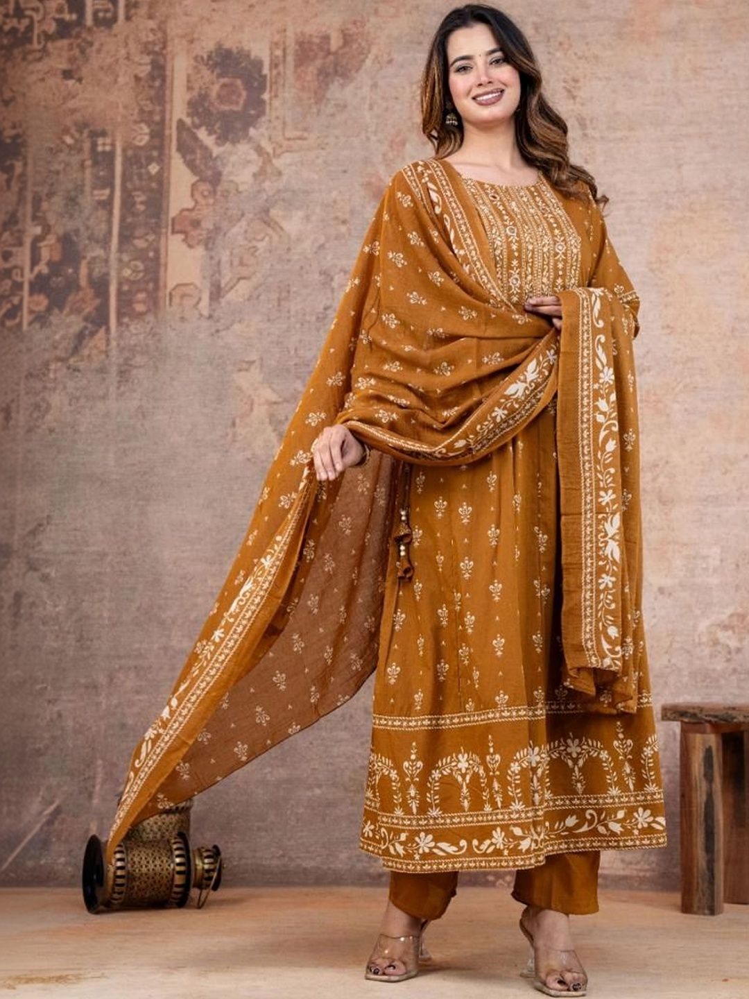 D K W D K W Women Ethnic Motifs Printed Regular Mirror Work Pure Cotton Kurta with Trousers & With Dupatta