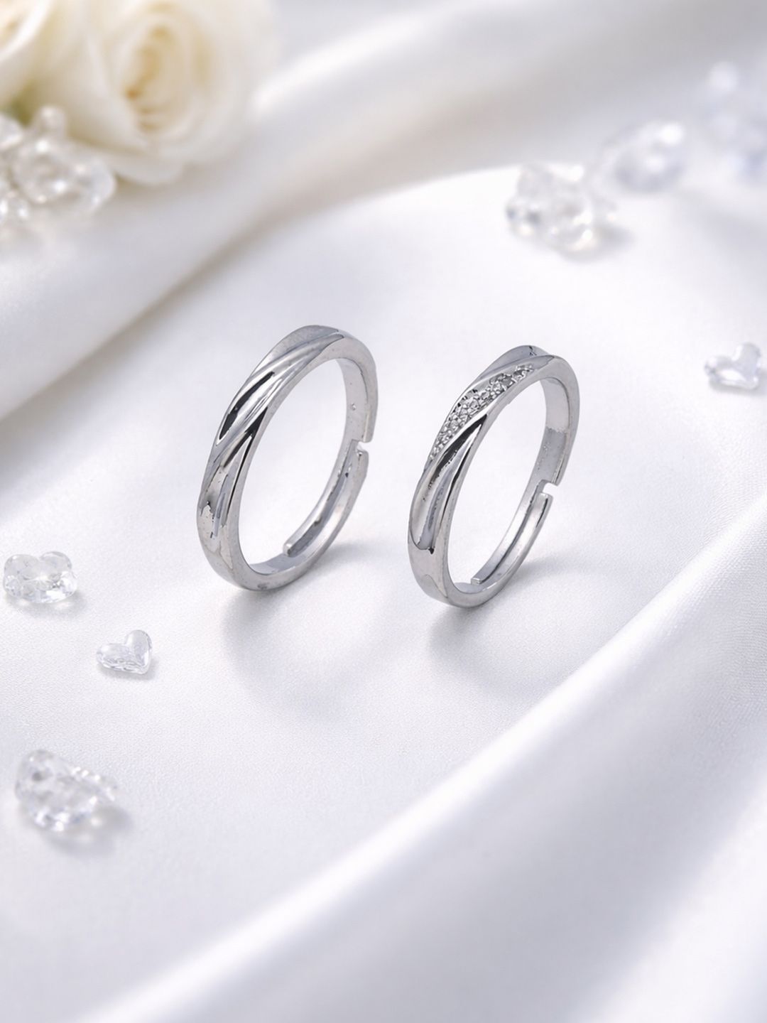 Carlton London Silver Plated CZ-Studded Adjustable Couple Ring Set