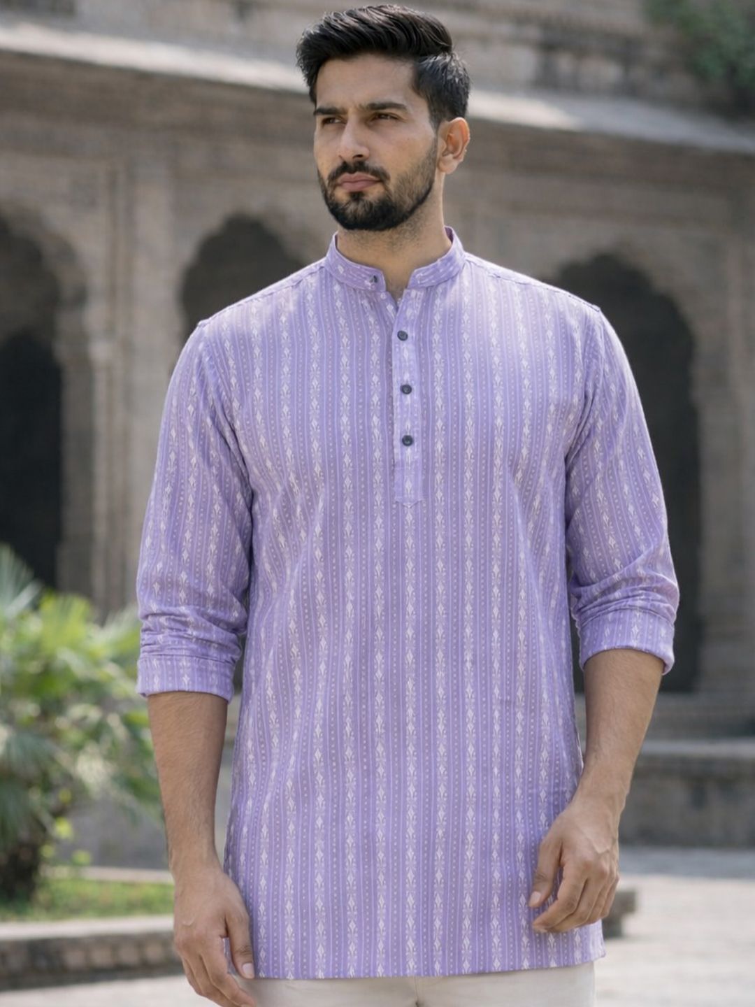 LADSLOOM Striped Embroidered Mandarin Collar Thread Work Pure Cotton Straight Short Kurta
