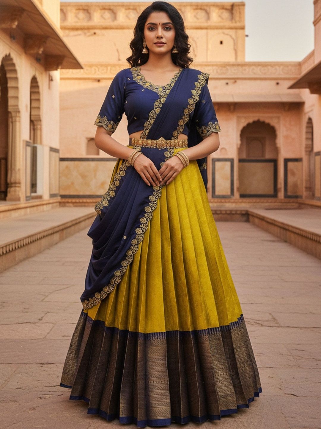 Pink Bindi Embroidered Unstitched Lehenga & Blouse With Dupatta