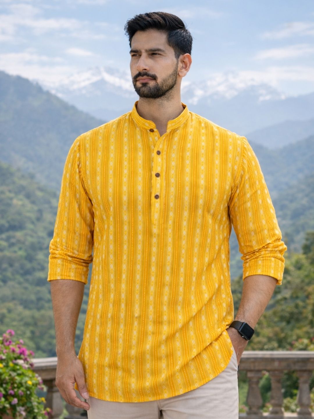 LADSLOOM Men Yellow Striped Mandarin Collar Cotton Kurta
