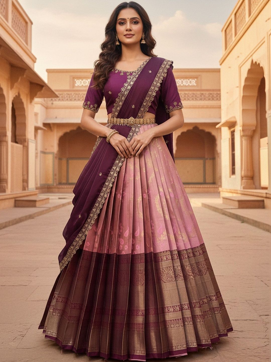 Pink Bindi Embroidered Unstitched Lehenga & Blouse With Dupatta