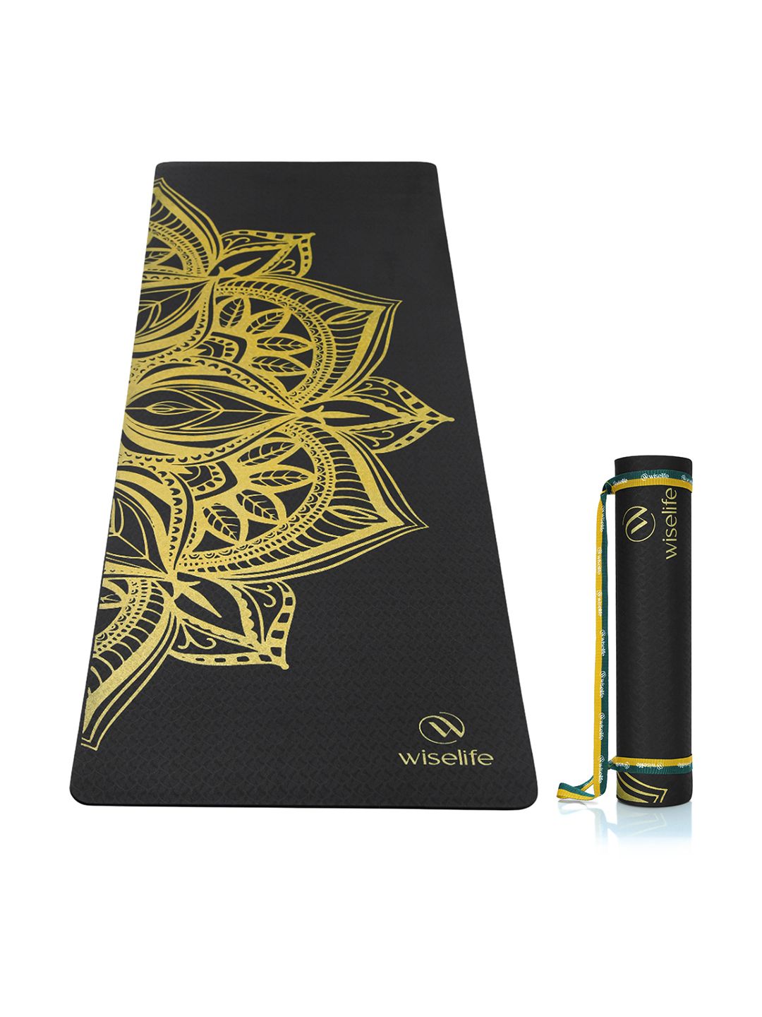 WiseLife WiseLife Black & & Gold Toned Printed Rectangular Anti-Skid Yoga Mat With Sleek Strap