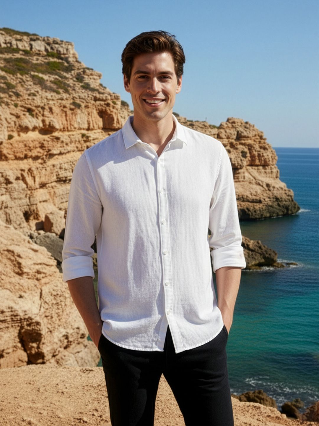 Mast & Harbour Men White Regular Fit Solid Casual Linen Shirt