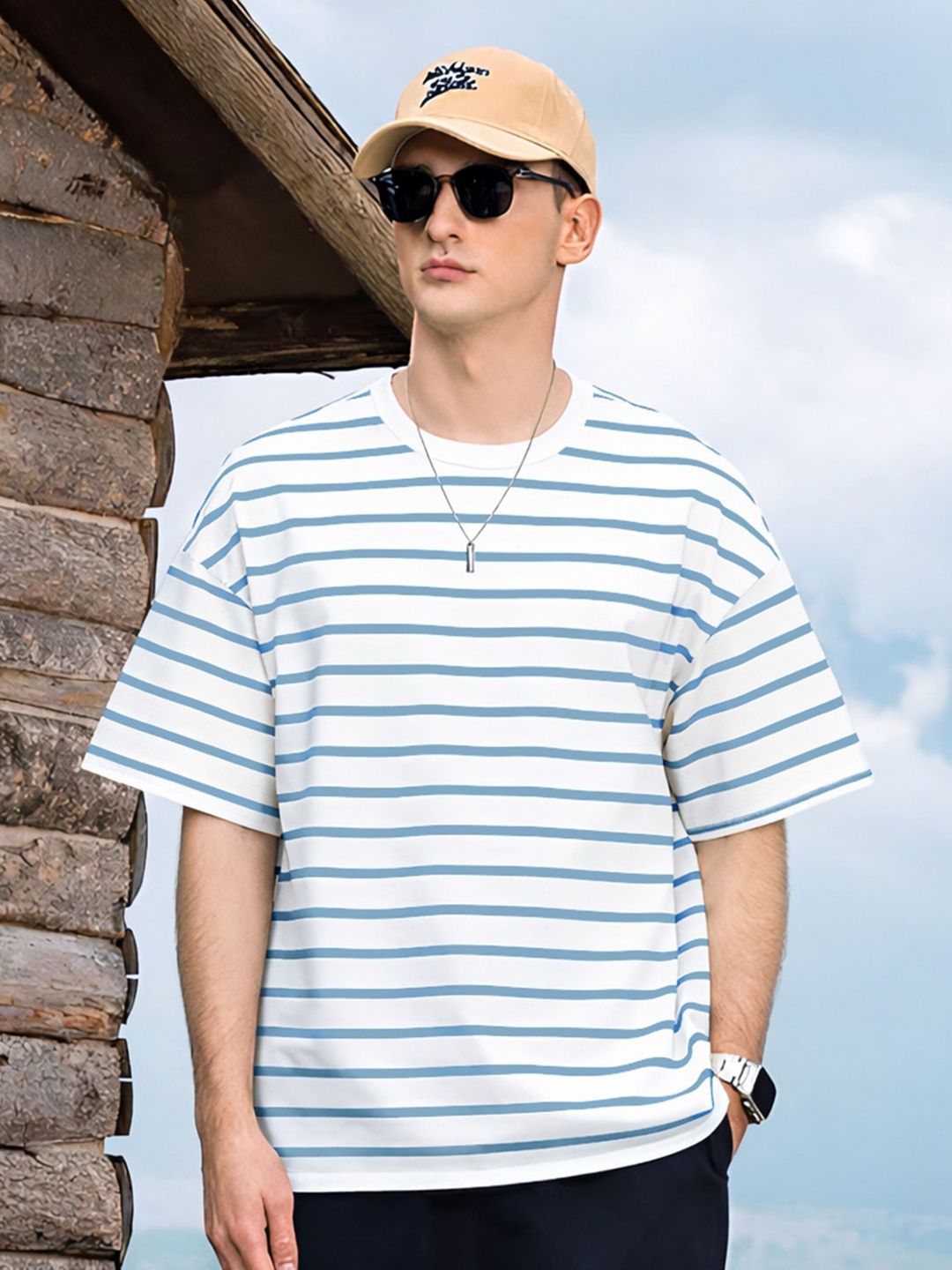 TOGS & TERRE Men Striped Drop-Shoulder Sleeves Organic Cotton Blend T-shirt