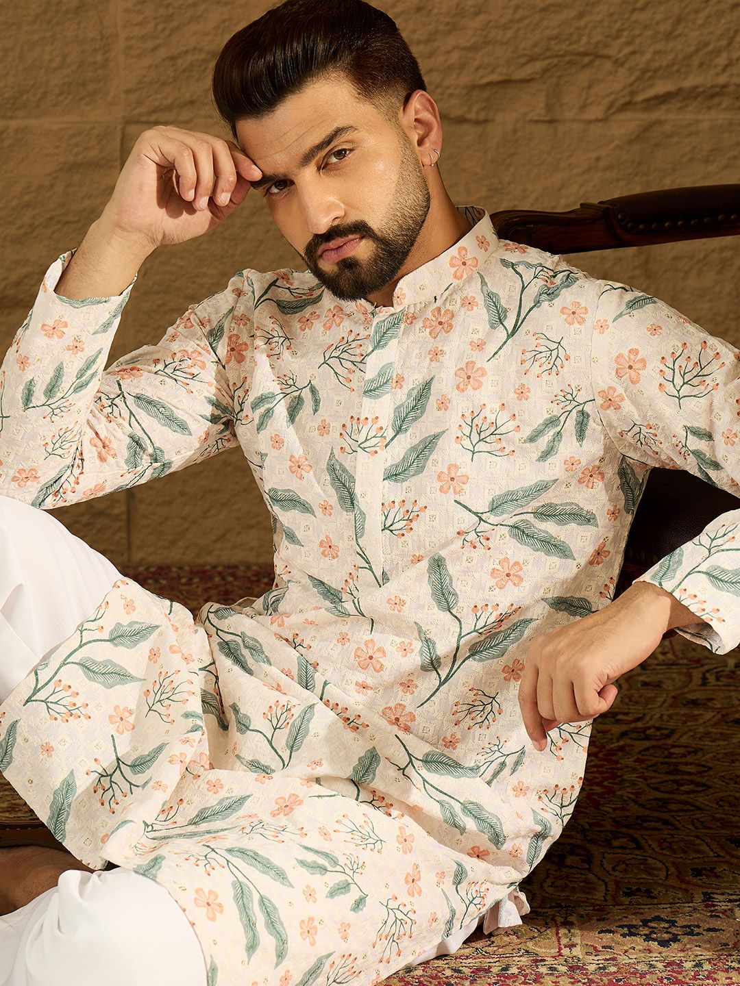 Ethnic Bay Chikankari Printed Mandarin Collar Knee Length Straight Kurta